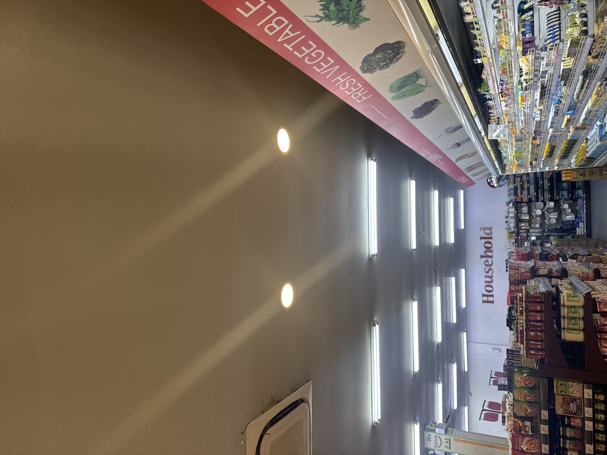 This indoor photograph shows a section of a supermarket in Kuta Selatan, Indonesia. Fluorescent lights run the length of the ceiling, illuminating the aisles. A sign reading "FRESH VEGETABLE" is visible above one section, with images of various green vegetables displayed. Another sign reads "Household." Supermarket shelves stocked with a variety of goods are arranged along the aisles. The photograph is taken from a lower angle, looking up towards the ceiling and the merchandise.