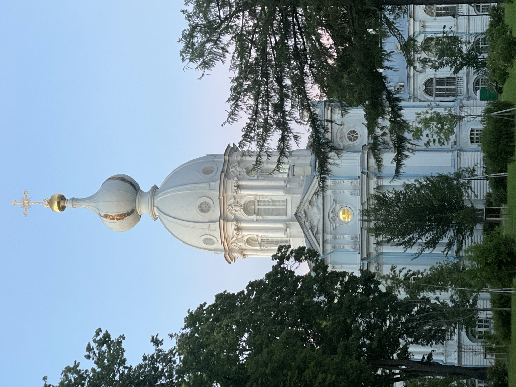 The image shows the Smolny Cathedral in Saint Petersburg, Russia, viewed from across a park with lush green trees in the foreground partially obscuring the view of the building. The sky is clear and a pale blue, with a hint of pink towards the horizon, suggesting either sunrise or sunset.
The cathedral itself is a magnificent example of Baroque architecture, painted in a pale blue and white color scheme. Its most prominent feature is the central dome, topped with a smaller, bulbous structure and a golden cross. The dome is surrounded by decorative elements, including columns and arched windows. The facade features intricate detailing, ornate window frames, and a circular window with a warm yellow light emanating from within. The building appears to be well-maintained.
The park area in front of the cathedral includes manicured green grass, scattered trees of varying sizes, and some smaller shrubs. The trees in the foreground are dense and leafy, with some evergreen branches reaching into the frame. The overall impression is serene and picturesque. There are no people visible in the image. The lighting suggests a soft, natural light, likely from the early morning or late evening.
