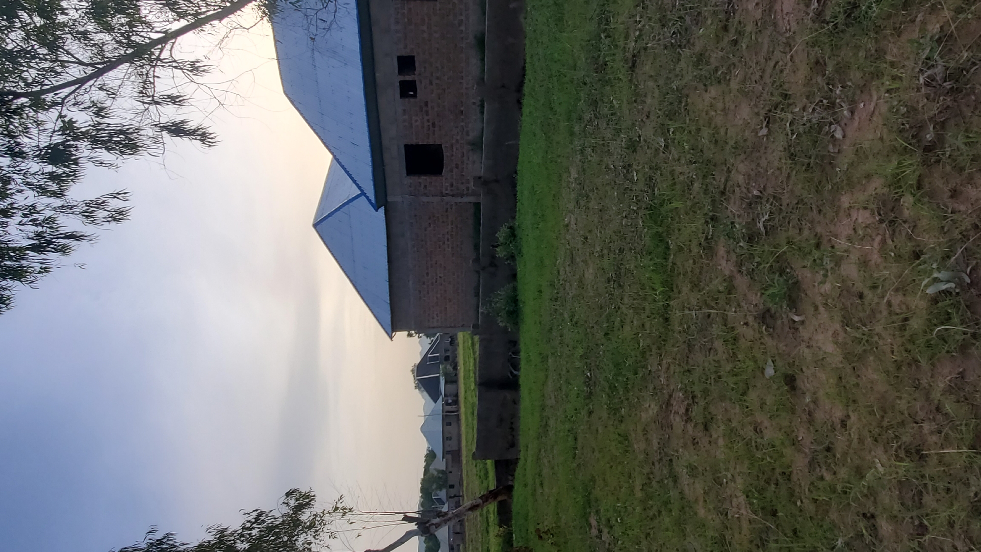 This image depicts a scene in Jalingo, Nigeria, featuring a row of unfinished brick buildings with blue corrugated metal roofs. The buildings are of varying stages of construction, with some appearing more complete than others. The foreground is dominated by a grassy, uneven terrain with some scattered patches of dirt. In the background, several other structures with similar roofs are visible, suggesting a developing residential area. A tree with sparse leaves stands on the left side of the image, and the sky above is a pale, hazy blue, indicating either early morning or late afternoon. There are no people visible in the scene.