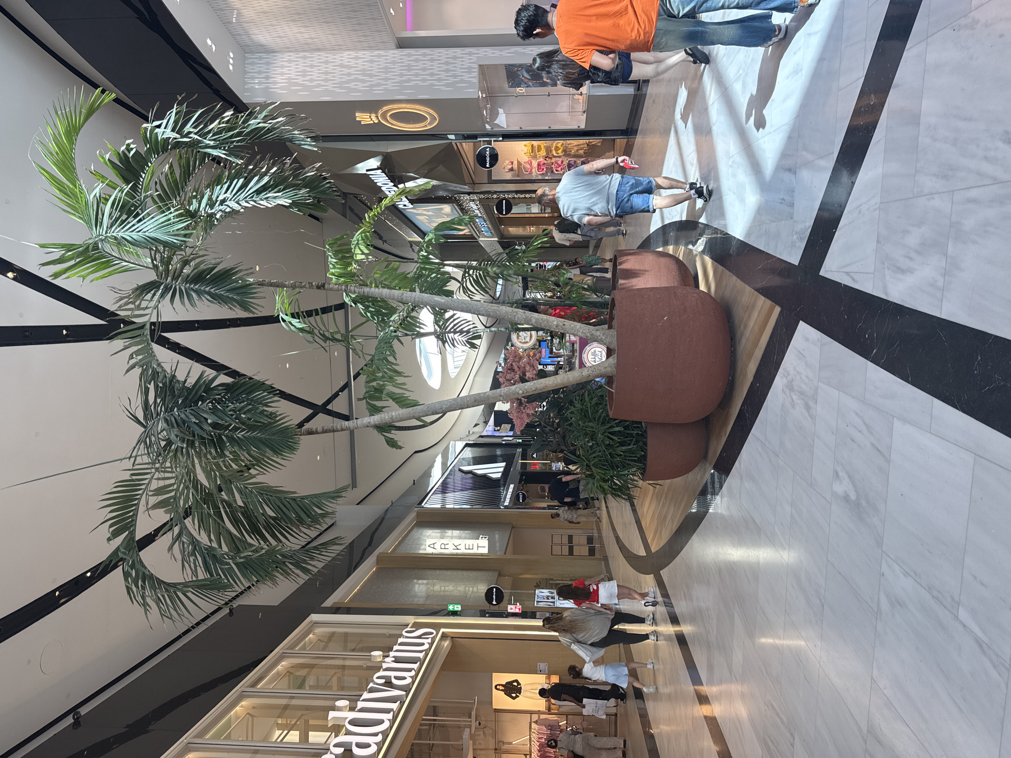 The image depicts the interior of a modern shopping mall, specifically the Leidschendam, Netherlands location. The scene is brightly lit, with a high ceiling featuring geometric patterns and integrated lighting. Large potted palm trees are strategically placed throughout the walkway, adding a touch of greenery. The floor is a polished marble with contrasting dark geometric inlays.
Several individuals are visible, walking in different directions. In the foreground, a group of three people, two adults and a child, are walking away from the camera. To the right, a man in a blue shirt and denim shorts is walking towards the camera, and behind him, a woman in dark clothing and a person in an orange shirt are also walking away.
The shops lining the mall are visible, with illuminated signage. Notably, the "Stradivarius" store is prominent on the left, and further down, "Pandora" and "Calzedonia" are identifiable. The overall impression is one of a bustling, contemporary retail environment.