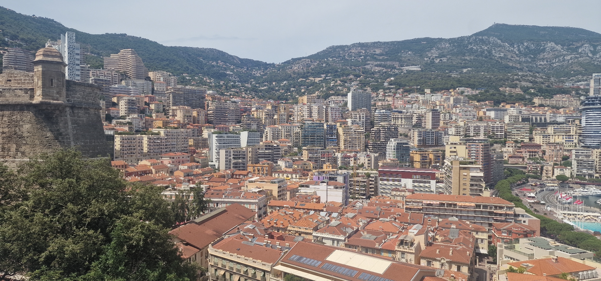 This is a wide, high-angle aerial shot of the densely populated city of Monaco, featuring a sprawling cityscape with numerous buildings of varying heights and architectural styles. The city is nestled against a backdrop of lush, mountainous terrain that rises steeply behind it. The foreground is dominated by a section of an old stone fortification, complete with a small turreted structure, and a cluster of mature green trees partially obscuring the view of the city below.
The cityscape itself is a mosaic of predominantly light-colored residential and commercial buildings, many of which are high-rise structures, some with distinctive curved or stepped designs. Red-tiled roofs are prevalent in the lower sections of the city. In the middle ground, a curving road lined with trees is visible, with several yachts moored in a harbor on the right side of the frame. The sky is clear and pale. No people are discernible in the image. The overall impression is one of a vibrant, built-up urban environment situated in a dramatic coastal landscape.
