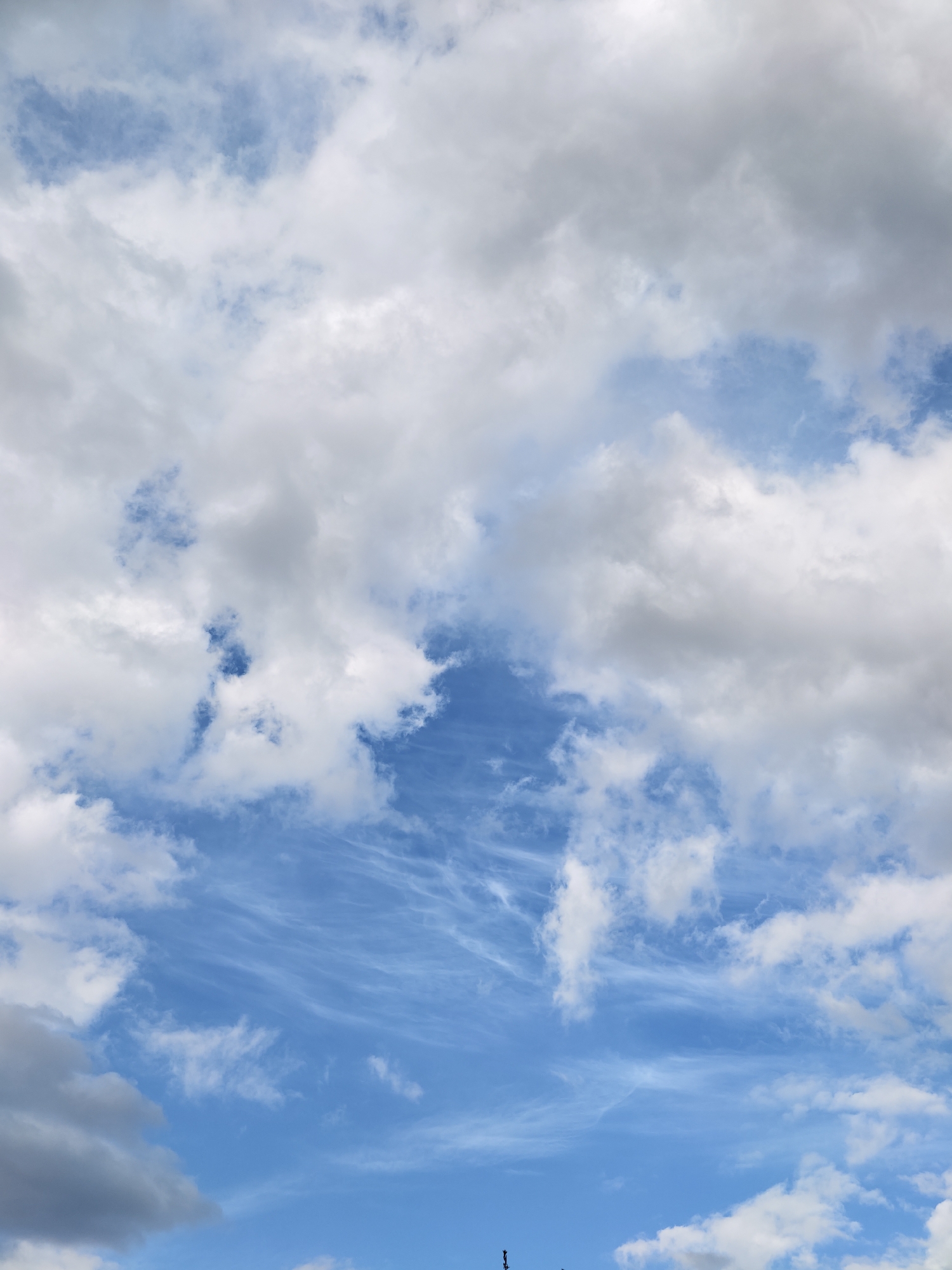 The image displays a clear and detailed view of a daytime sky, filled with a diverse array of cloud formations. Large, fluffy cumulus clouds, varying from bright white to soft grey with shadowed undersides, occupy significant portions of the frame, particularly in the upper and central areas. These dense clouds create a sense of depth and volume. Between and beneath these larger formations, expansive patches of vibrant blue sky are visible. Within these blue areas, delicate, wispy cirrus clouds stretch across, forming feathery, streaky patterns that indicate higher atmospheric layers.
The lighting suggests it is mid-day, with strong, natural illumination casting bright highlights on the clouds and revealing the rich blue of the sky. The weather appears to be partially cloudy, with a mix of cloud types indicating dynamic atmospheric conditions. At the very bottom edge of the frame, a tiny, indistinct dark silhouette, possibly representing part of a distant structure or vegetation, is barely visible. The scene captures an open sky over Уральское, Russia. No text is visible in the image.