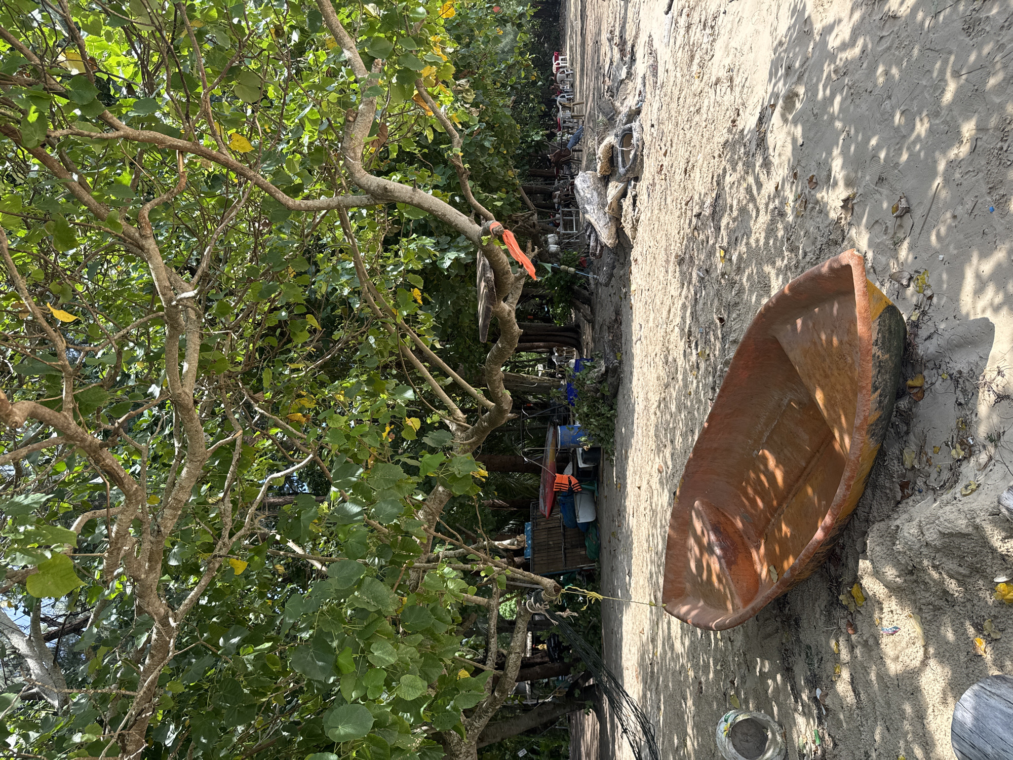 An orange rowboat is beached on a sandy shore in Sakhu, Thailand, under the dappled shade of a large tree. The boat, weathered and showing signs of use, is positioned prominently in the foreground. In the middle ground, the sandy beach extends back towards a line of trees and vegetation. Various objects are scattered on the beach, including a discarded tire and logs. Further back, there appears to be a seating area with tables and chairs, some of which are occupied by people, suggesting a casual outdoor establishment. The background is filled with dense foliage and trees, with the sky visible through the canopy. The overall scene depicts a relaxed, tropical beach environment.