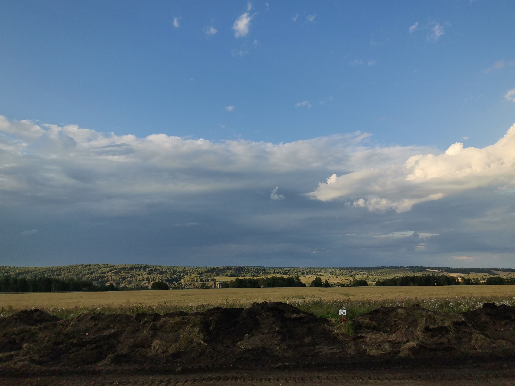 The image shows a wide landscape with a dark pile of soil in the foreground. Beyond the soil is a field of dry grass and wildflowers. In the middle ground, a dense forest covers rolling hills, with a lighter, more sparsely wooded area further back. The sky is a mix of bright blue and dramatic, dark clouds, with some fluffy white clouds scattered throughout. The scene appears to be located in Верх-Тайменка, Russia, given the context provided. There are no people or animals visible in the image.