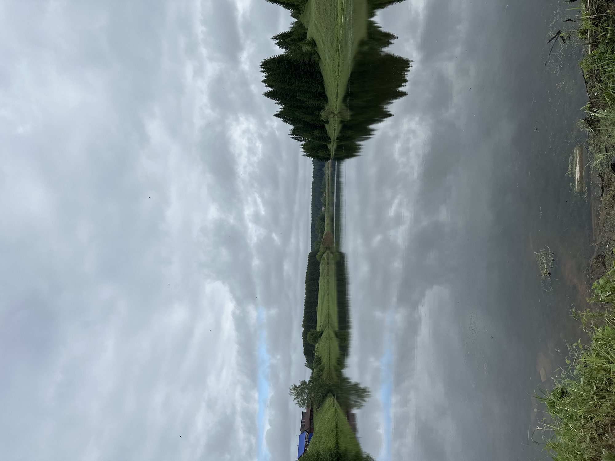 The image depicts a landscape reflected in a body of water. The sky is overcast with gray clouds, mirrored on the water's surface. On one side of the water is a green grassy bank with some vegetation, including grass and plants. This merges into a line of trees, also visible in the reflection. At the bottom of the image is a structure with a blue roof and green vegetation. The location is likely Среднее Кечево, Russia, based on the prompt. There are no people visible in the image.