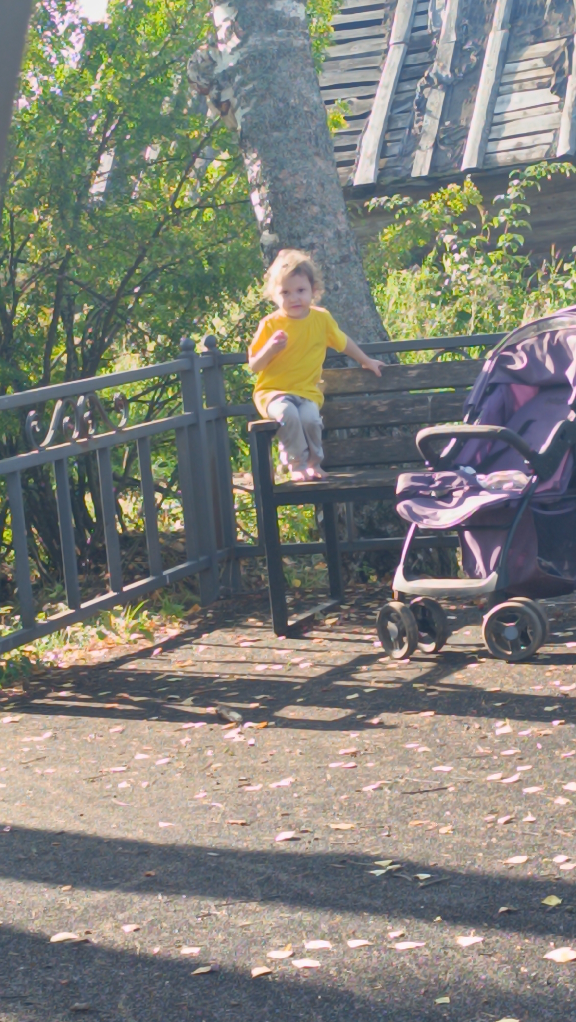 A young child with blonde, curly hair, wearing a yellow t-shirt and gray pants, is sitting on a wooden park bench. The child's left arm is bent, and their hand is near their face. To the right of the bench is a purple stroller with black wheels. Behind the child and bench is a large tree with a rough, gray and white textured trunk. In the background, there is a dark metal fence and lush green foliage. The ground in front of the bench is covered with a dark asphalt material and scattered with light-colored leaves. The scene appears to be an outdoor park setting. The location in the city of Karsha, Russia is not specified or discernible from the image.