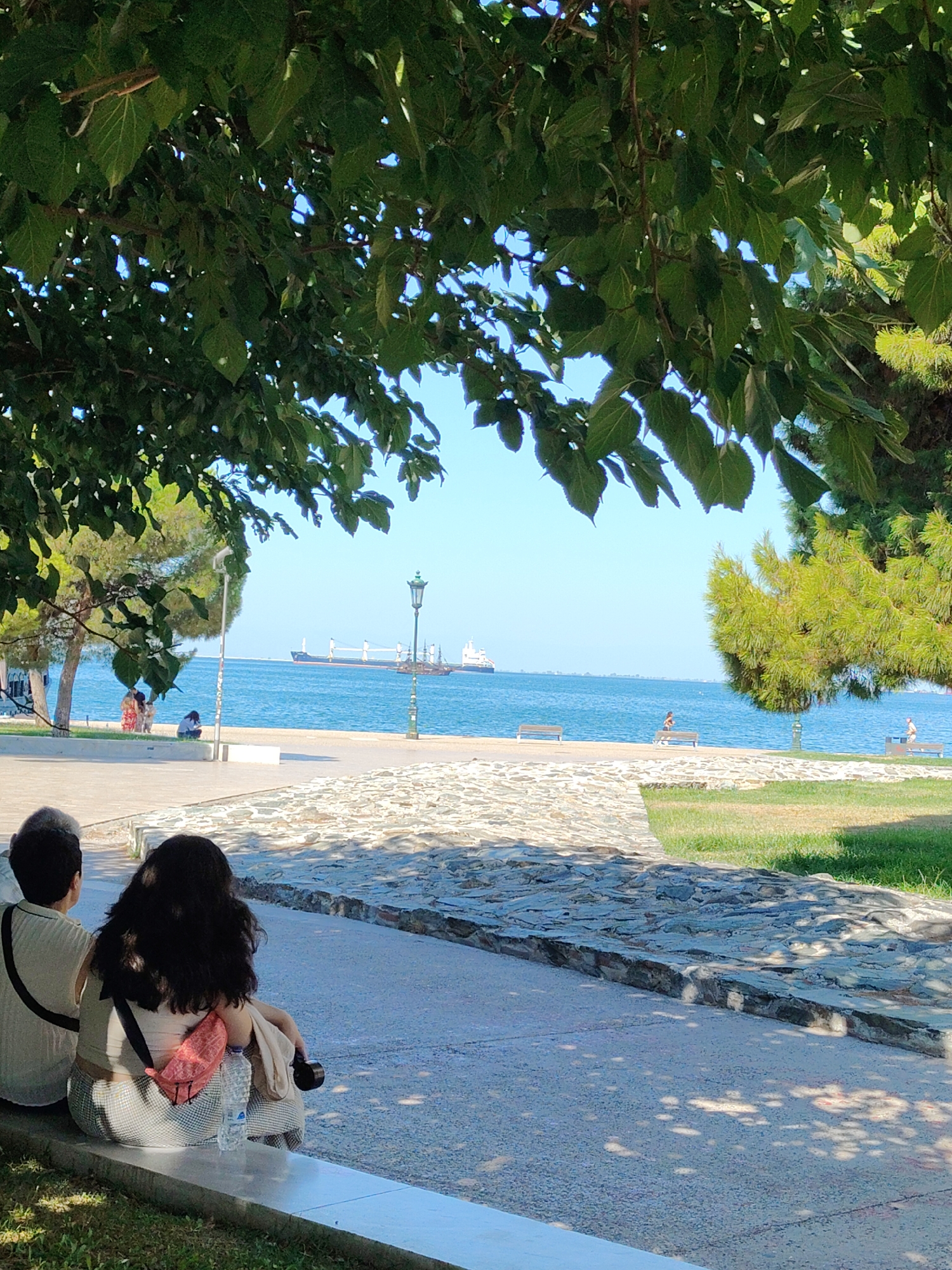The image depicts a sunny day by the sea in Thessaloniki, Greece. In the foreground, two individuals are seated on a concrete ledge, their backs to the camera, facing the water. The person on the left has short, gray hair and is wearing a white shirt with a black strap. The person on the right has long, dark hair and is wearing a light-colored top and a patterned skirt, with a pink fanny pack around their waist. A water bottle and a black camera are also visible next to them.
Beyond the seated figures, a paved area with stone borders leads to a grassy area. Further in the distance, the clear blue sea stretches out, with several large cargo ships anchored on the horizon. A black lamppost stands near the water's edge. The scene is partially shaded by the lush green leaves of a large tree in the upper portion of the image, with sunlight filtering through to cast dappled shadows on the ground. Several other people are visible in the mid-ground, some sitting on benches along the waterfront, and others walking. The overall impression is one of a peaceful, seaside promenade on a bright, warm day.