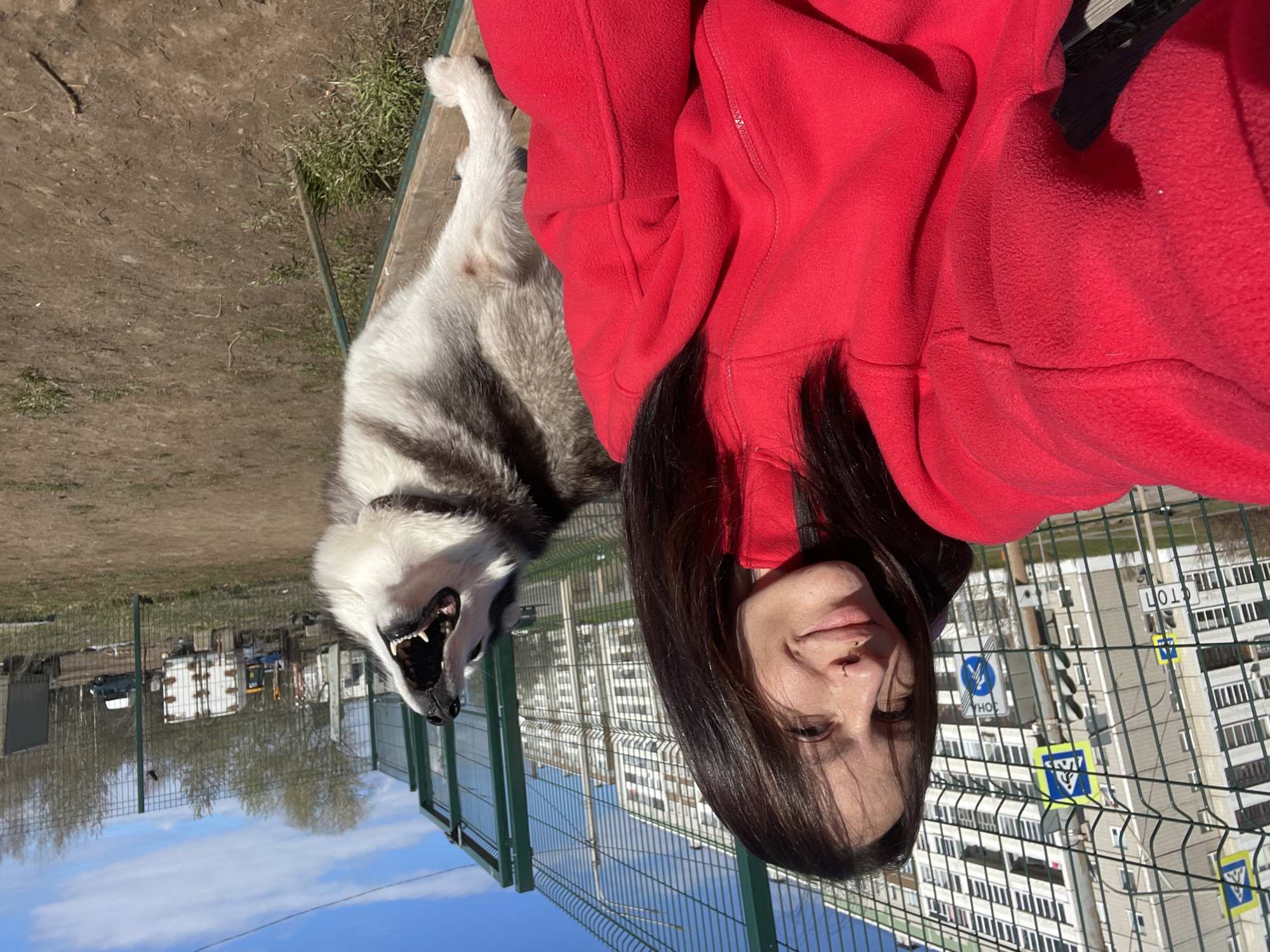 A photograph shows a person wearing a red hooded sweatshirt, oriented so their face appears at the bottom right of the image, positioned near a dog on what appears to be a bench. The dog, predominantly white and gray, has its mouth open, seemingly barking or panting. Behind them is a chain-link fence. Through the fence, there are buildings and road signs, with high-rise apartments visible. The location identified is likely in the city of Izhevsk, Russia, as suggested by contextual cues. The scene seems to be taken outdoors during daylight, likely at a park or recreational area, given the bench and open space.