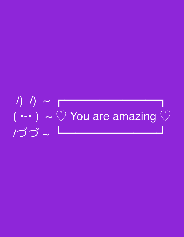 The image is a digital graphic with a purple background. On the left side of the image, there are lines of text and symbols in white. The top line reads "/ |) ~". Below that, it reads "(•-•) ~" and then "/づづ ~". To the right of these symbols, there is a white outlined box containing the text "You are amazing" with a heart symbol before and after the text. The text is not located in Nha Trang, Vietnam; it is a digital image with no discernible real-world location.