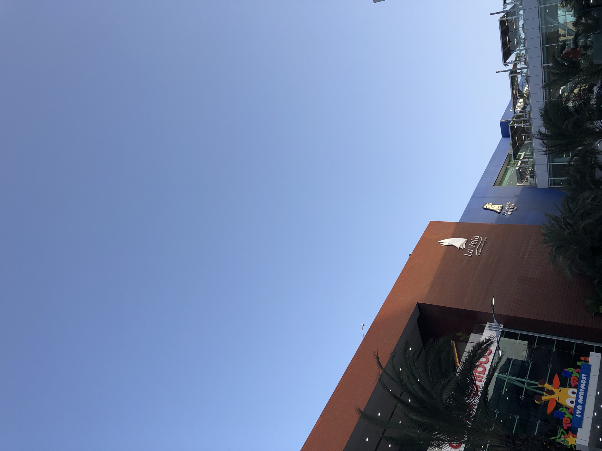 The image, originally rotated, captures a vibrant daytime scene of a modern commercial complex under a clear, bright blue sky. No people are visible.
The foreground is dominated by a multi-story building featuring a reddish-brown facade, possibly made of panels or brick, contrasted with expansive glass windows on its lower levels. A modern streetlight is positioned in front of it. Prominently displayed on this building is a white logo depicting a stylized sail, accompanied by the text "La Vela centro comercial," identifying it as a shopping center. The ground floor windows reveal a large, colorful sign for "Toys 'R' Us," complete with its iconic giraffe mascot and the Spanish phrase "¡YA ABRIMOS!" (We are open!). Partially visible next to it is another sign that reads "BIENVENIDOS" (Welcome).
Behind and to the left of the reddish-brown building, another distinct structure with a blue facade and large glass sections, including what appear to be balconies on upper floors, is visible. This blue building features a logo resembling a bear or similar figure, with the text "JAMES PARK" below it.
Several lush green palm trees are scattered throughout the scene, some partially obscuring the buildings, lending a tropical or warm climate aesthetic to the setting. The sky is entirely clear and a vivid blue, indicating sunny and fair weather during the day, likely mid-morning or afternoon. The visible Spanish text on the signs ("¡YA ABRIMOS!", "BIENVENIDOS", "centro comercial") and the nature of the establishments (shopping center, toy store) align with the provided context of Porlamar, Venezuela, depicting a lively commercial environment.