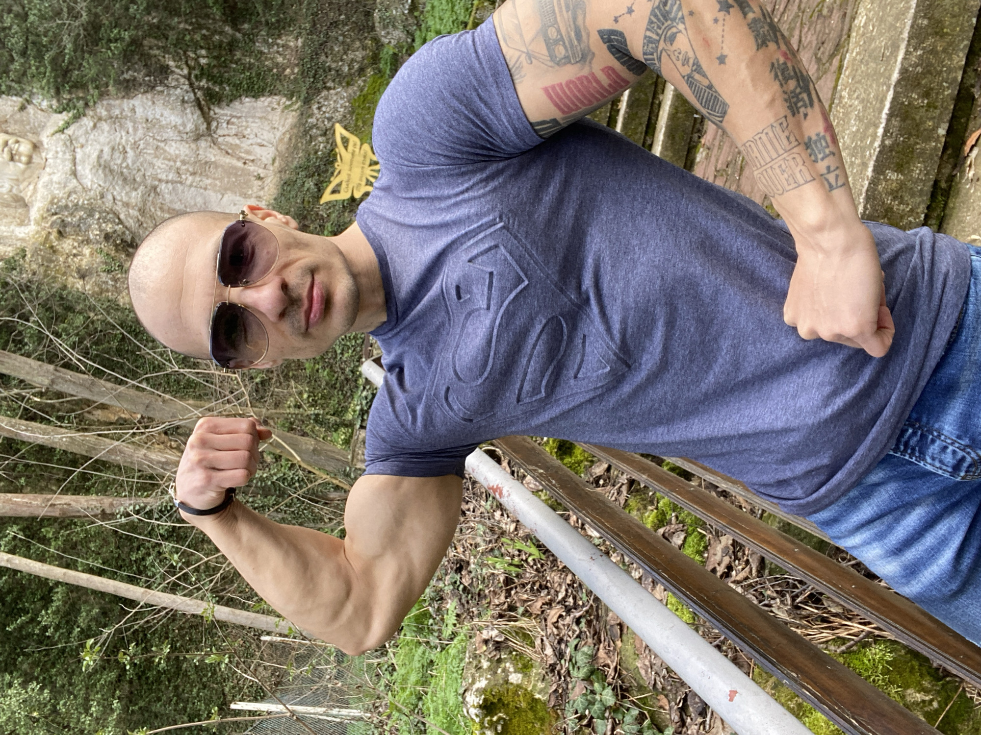 An adult Caucasian male is depicted outdoors, positioned centrally and facing the camera directly. He has a bald head, dark aviator-style sunglasses with gold-colored frames, and light facial stubble. He is wearing a dark blue, short-sleeved t-shirt with an embossed Superman 'S' logo on the chest, and blue denim jeans. Tattoos are visible on both forearms; the right forearm displays an old car graphic and other designs, while the left forearm has text and geometric patterns. A black wristband is worn on his right wrist. The subject is flexing his right bicep, with his right hand clenched into a fist, and his left arm is also bent with a clenched fist.
The background consists of a natural rock face in Kaylaka Park, Pleven, Bulgaria, featuring a large, roughly carved human head sculpture prominent in the upper right. Below the sculpture, a small golden butterfly-shaped sign with partially legible text, possibly "Gabelli...", is attached to the rock. The environment includes lush green foliage, moss, fallen leaves, and several bare tree trunks and branches. A wooden railing with a white metal top bar extends diagonally across the lower left of the frame. Stone steps are visible on the right side of the mid-ground.