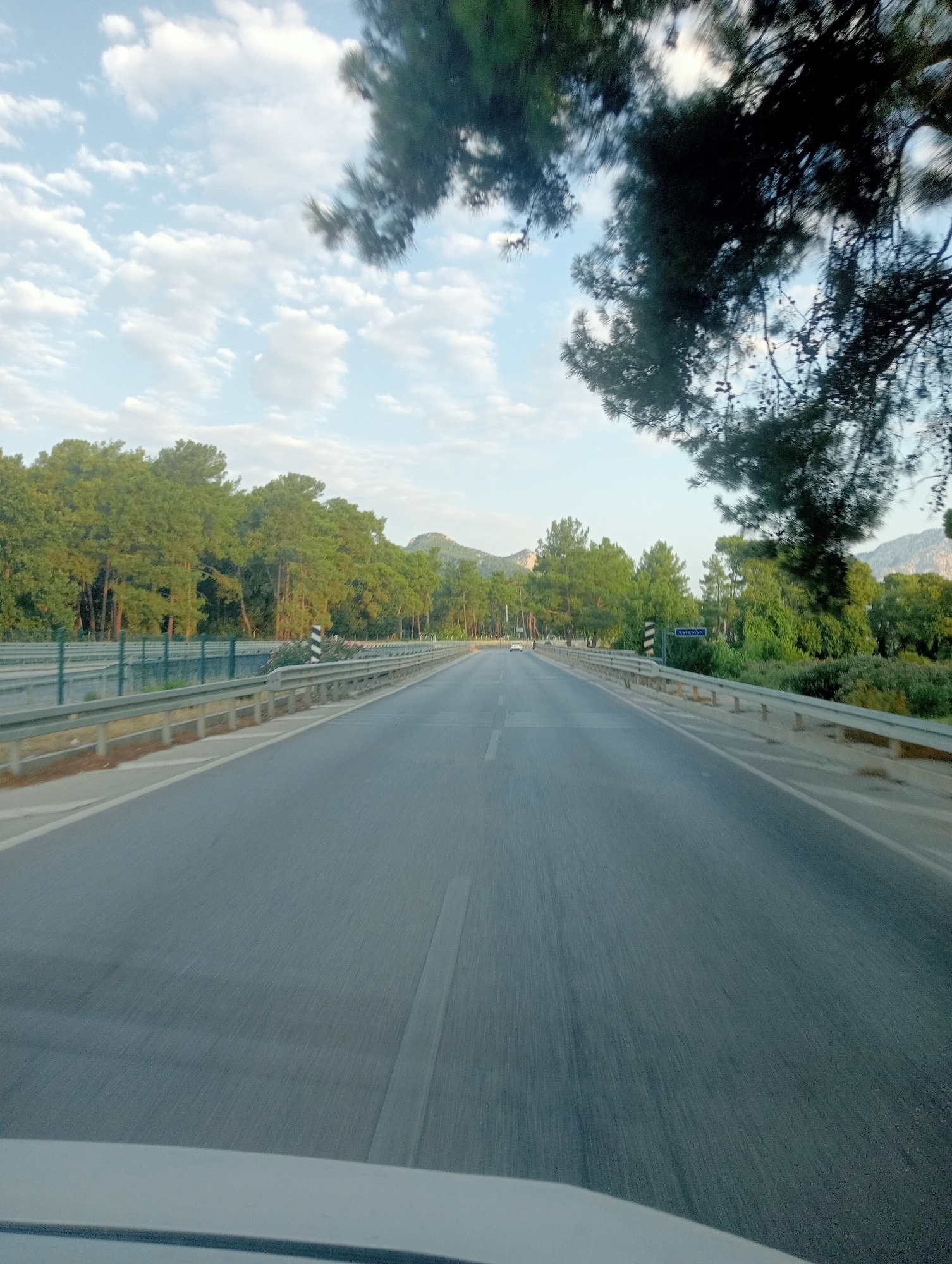 The image shows a highway in the vicinity of Döşemealtı, Turkey, with a forest of pine trees lining the sides. The road is paved and appears to be a multi-lane highway with a median barrier. There are guardrails along the sides of the road, and a speed limit sign is visible on the right side. The sky is partly cloudy, and the sun is shining. The image is taken from a vehicle, as evidenced by the blur of motion and the visible edge of a car's hood in the foreground. In the distance, mountains can be seen. The scene is peaceful and natural, with no people visible.