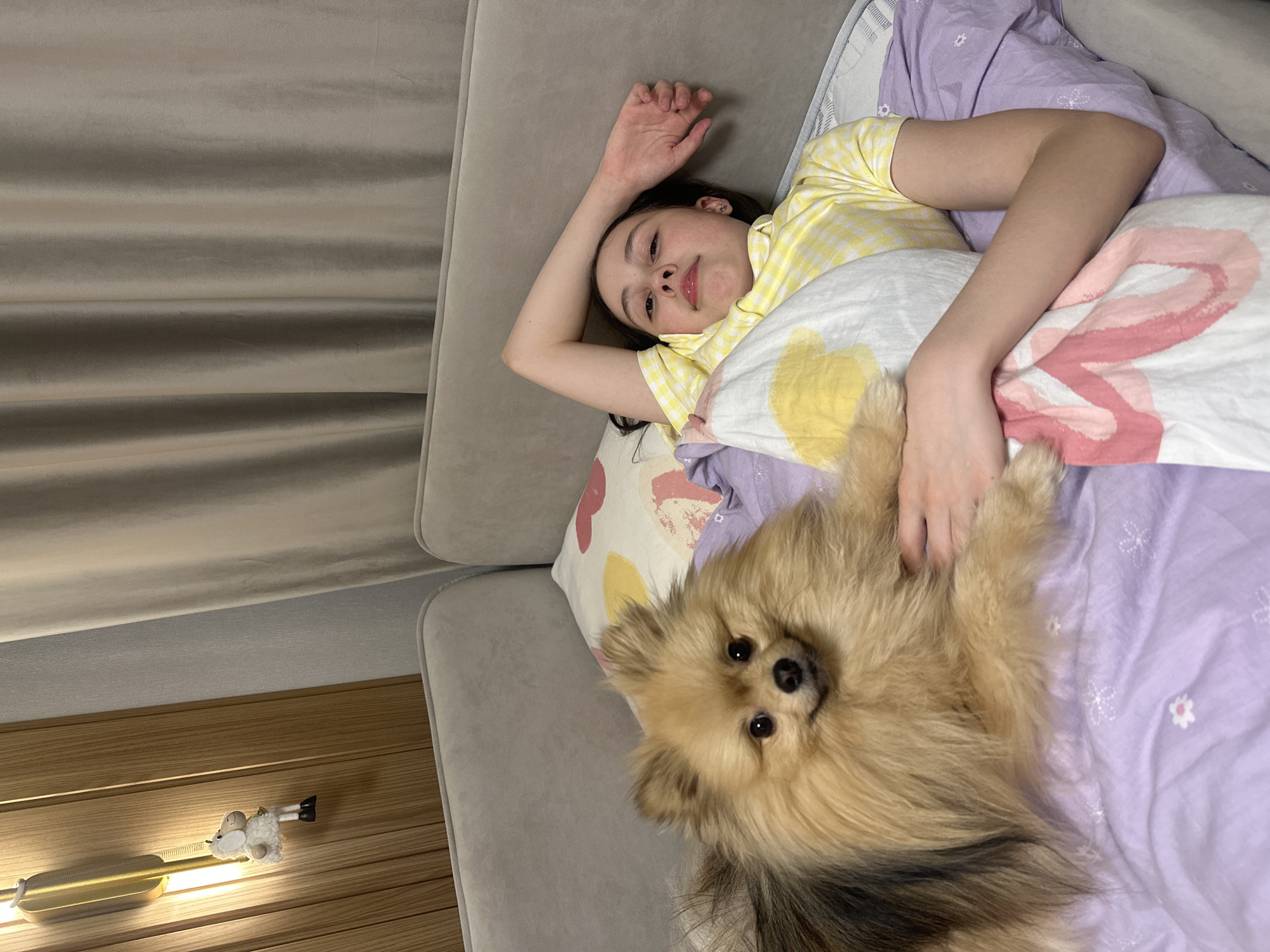 A young person lies on a gray couch with pillows and a blanket, next to a tan Pomeranian dog. The person is wearing a yellow and white checkered shirt and has their arm raised over their head. The dog is lying close to the person, looking at the camera. A wall lamp with a sheep decoration is visible on the wall to the left. The image was taken indoors. The location is unknown, and there is no indication it is in Votkinsk, Russia.