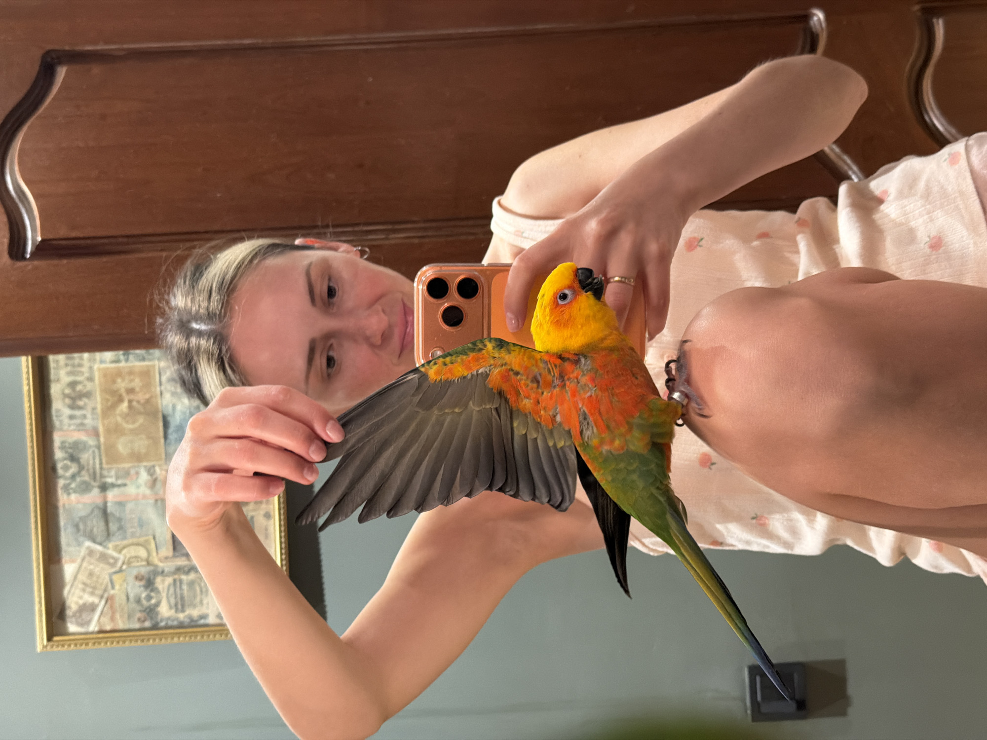 A woman is taking a selfie in front of a mirror. She is holding her phone in her right hand, and a colorful parrot is perched on her left forearm. The parrot has yellow head, orange body and green tail. The woman has fair skin, light-colored hair with dark roots, and is wearing a light-colored shirt with a strawberry pattern. The background includes a dark wood headboard, a framed picture on a green wall, and a light fixture.
The location cannot be confirmed.