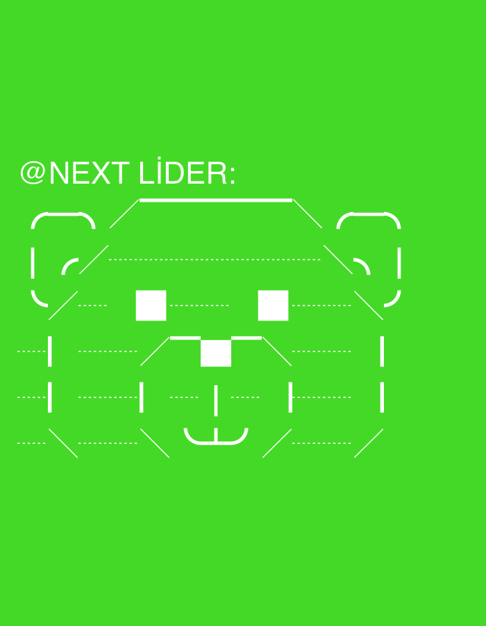The image displays a minimalist, ASCII art-style graphic of a bear's head set against a vibrant, plain green background. The bear's face is constructed from simple white lines, dashed lines, and geometric shapes. It features two square eyes, a square nose, and a U-shaped mouth. Curved lines form the ears on either side of its head. In the upper left corner of the image, white text is visible, reading "@NEXT LİDER:". The font is sans-serif. There are no other objects, people, or specific activities depicted. The scene lacks any visible cues for time of day, weather, or a physical location. While a location context of Blagoevgrad, Bulgaria, was provided, the image itself does not contain any visual elements to confirm this setting. The overall impression is clean and conceptual, possibly a logo or a symbolic representation.