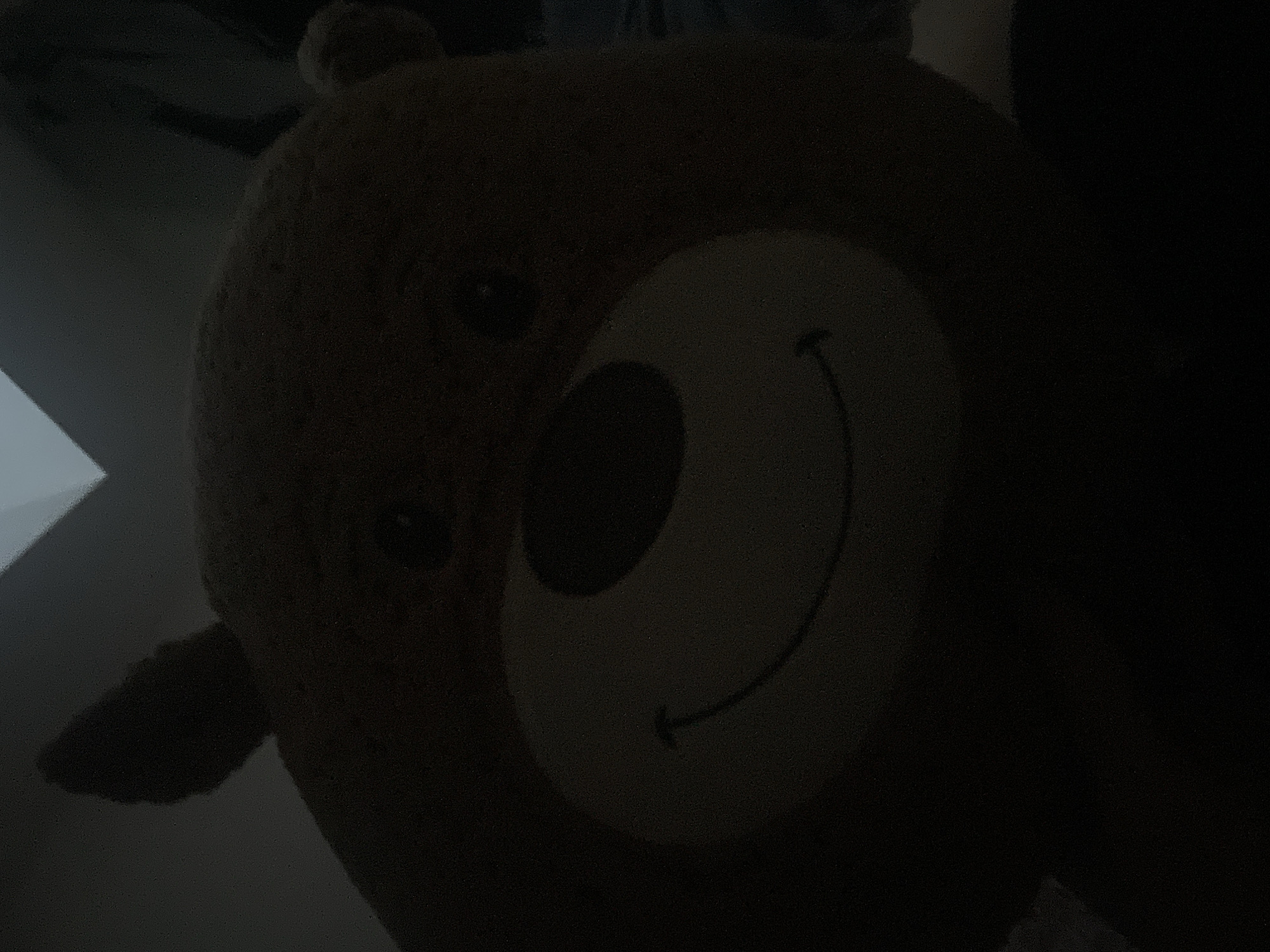 The image is a close-up, low-light photograph of a stuffed teddy bear. The bear is brown with a lighter colored muzzle. It has round, black eyes and a stitched smile. The lighting is dim, with some light reflecting from an overhead source, possibly a ceiling light or window. The background is dark and out of focus. No people or other objects are clearly visible. The location is not discernible from the image.