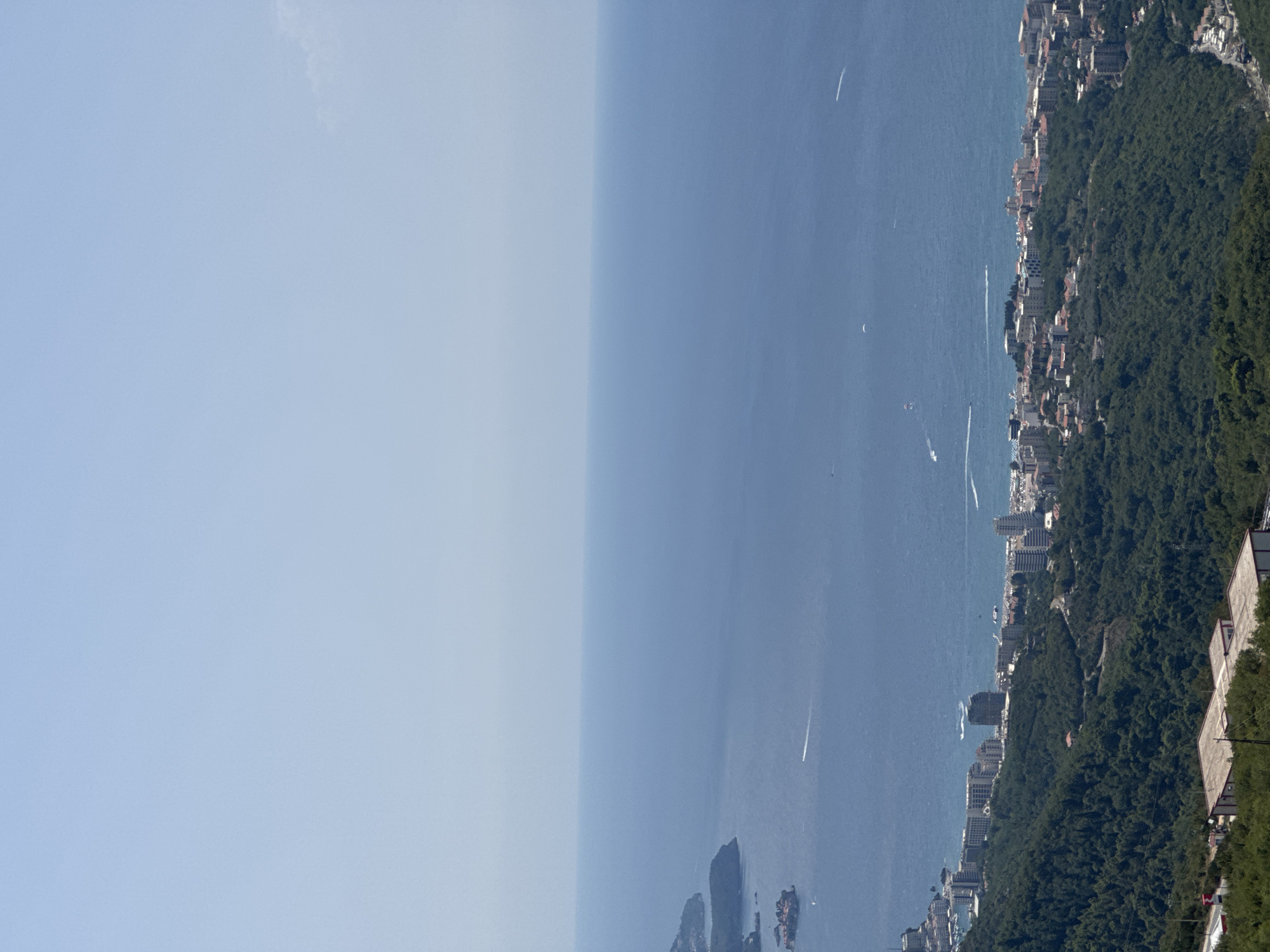 An aerial, eye-level, wide shot captures the expansive blue of the Adriatic Sea meeting a hazy, light blue sky. The horizon line is indistinct due to atmospheric conditions. In the midground, a coastal town with numerous white and light-colored buildings nestles against a verdant, tree-covered mountainside. The buildings are densely packed, forming a continuous urban sprawl along the coast. Numerous boats, some leaving white wakes, are visible on the sea, indicating activity. On the left side of the image, a small, rocky island with some structures is visible in the sea. In the foreground, the densely forested mountainside slopes downwards, with a few modern, low-rise buildings with white roofs scattered among the trees. The scene depicts a sunny day with clear visibility over the sea and coastline of Lapčići, Montenegro.