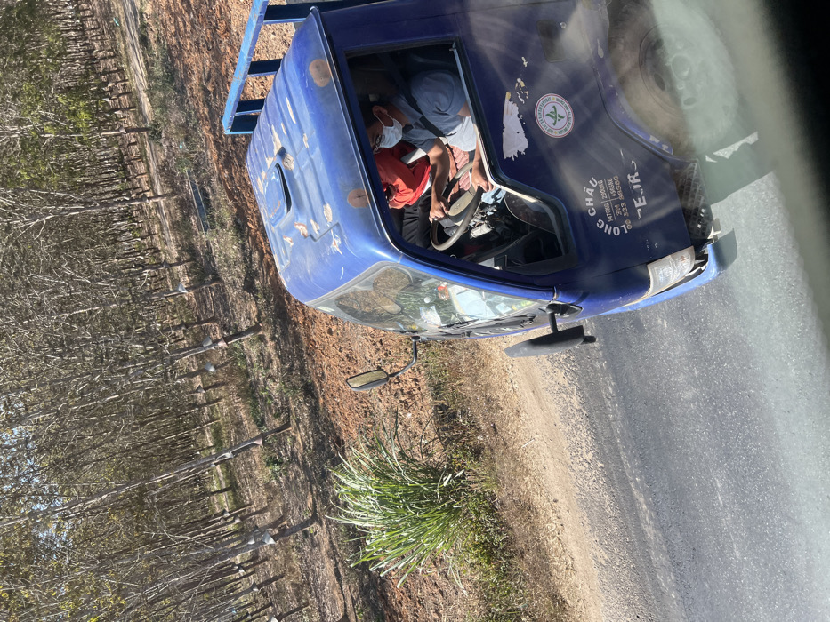 A blue truck with two visible occupants travels down a paved road. Both are wearing face masks. The driver is wearing a red shirt, and the passenger wears gray. Text is visible on the truck’s side, including "CHAU LONG CO" and a series of numbers, with an agricultural symbol. A tire is on the truck's roof. Trees line the left side of the road, while a grassy patch is to the right. The image has been rotated counterclockwise.