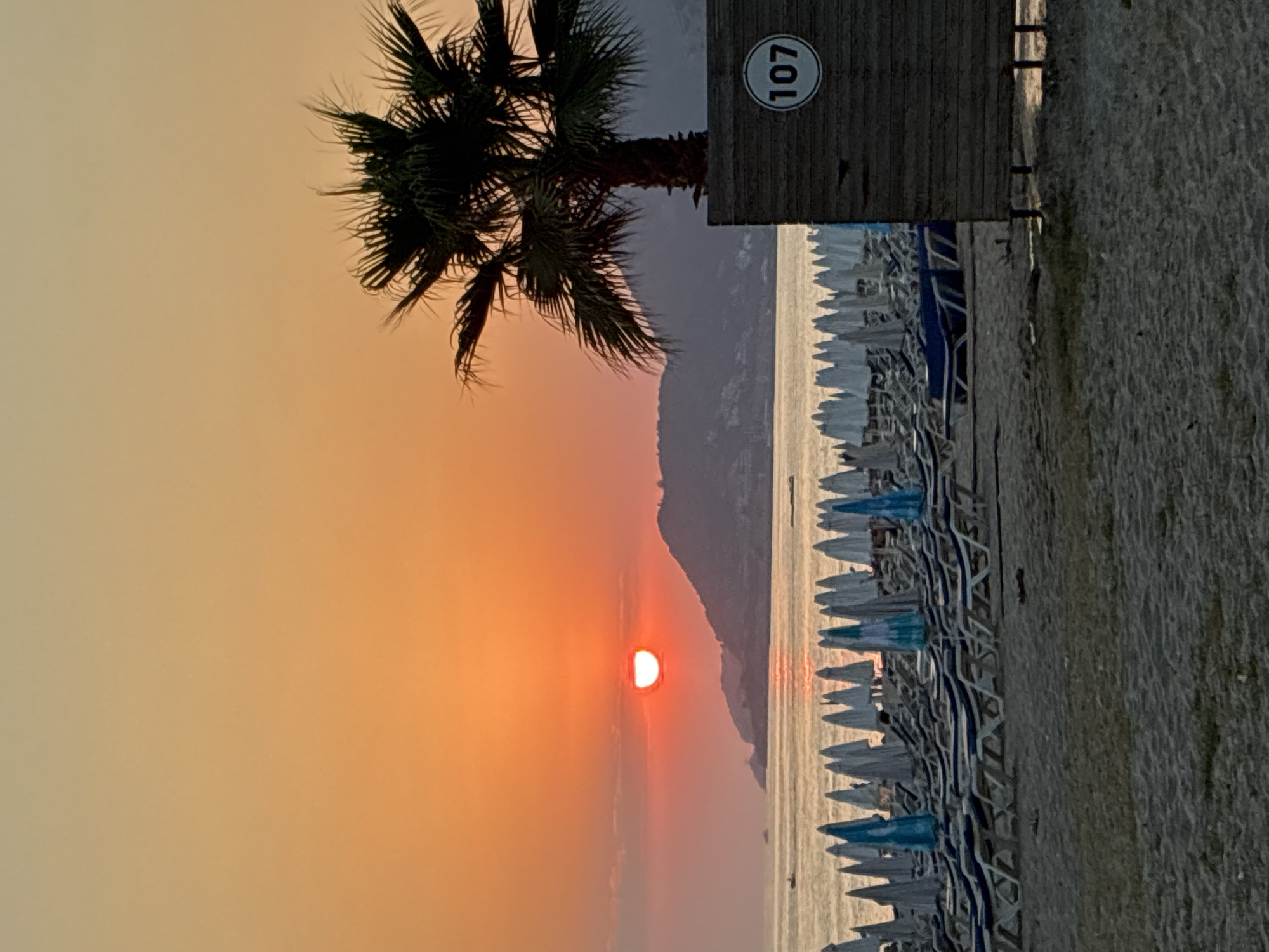 The image depicts a sunset scene at a beach in Alanya, Turkey. The sun, a vibrant orange orb, is partially obscured by a mountain range in the distance, casting a warm glow across the sky. In the foreground, rows of neatly arranged lounge chairs and closed umbrellas fill the sandy beach, suggesting a resort or public beach area. A solitary palm tree stands to the right, silhouetted against the colorful sky. A wooden structure with a circular sign displaying the number "107" is also visible, likely indicating a section or room number. The sea stretches out to the horizon, with a few small boats dotting the water. The overall atmosphere is serene and tranquil, characteristic of a coastal sunset.