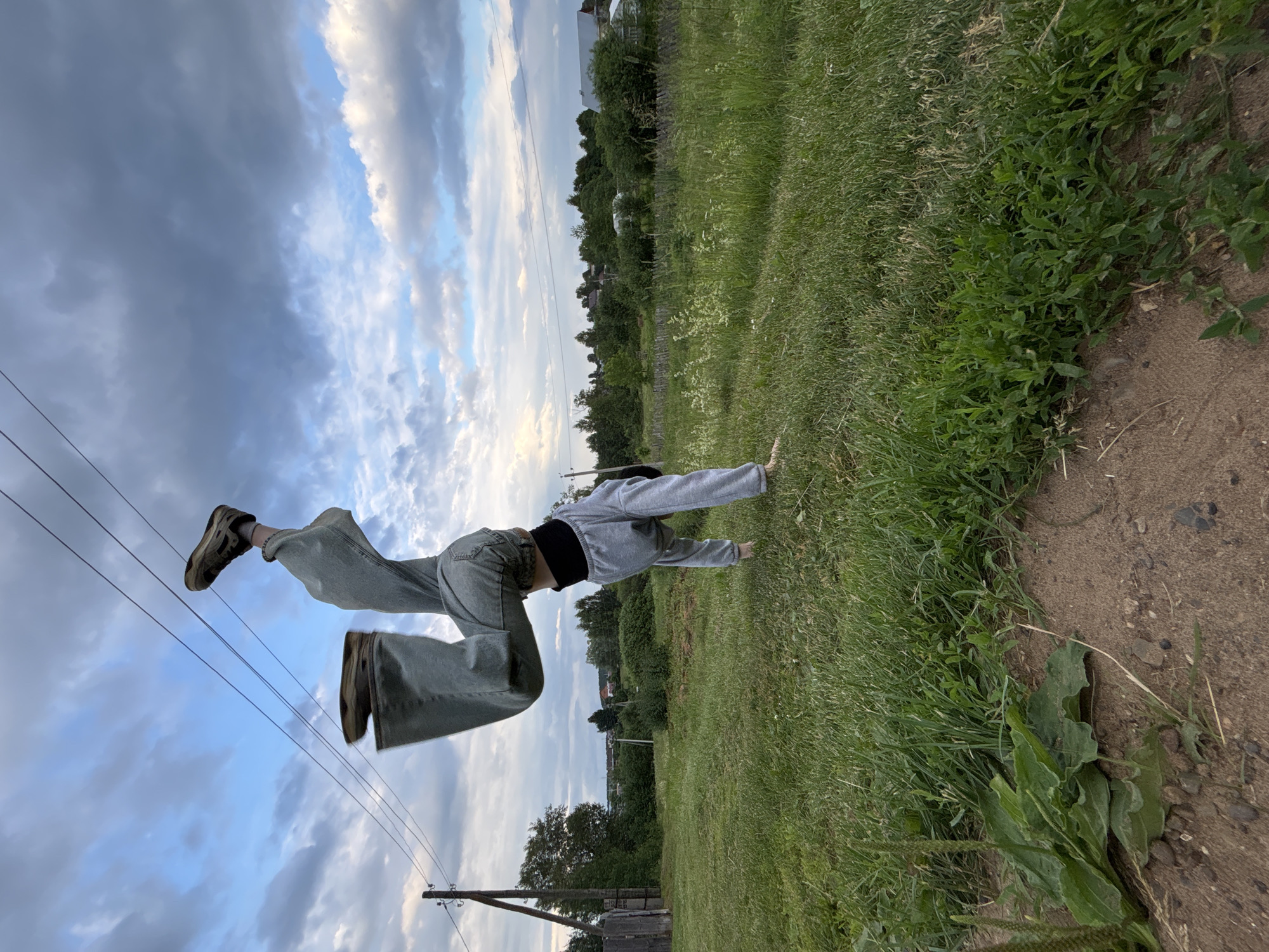 A person is performing a handstand in a grassy field under a cloudy sky. The person is wearing light blue baggy pants, a grey hoodie, and dark sneakers. Their body is inverted, with their hands on the ground and legs extended upwards. In the background, there is a line of trees and some houses, suggesting a rural or suburban setting. Electrical wires run across the sky. The ground is covered in green grass, with some patches of dirt and small plants in the foreground.