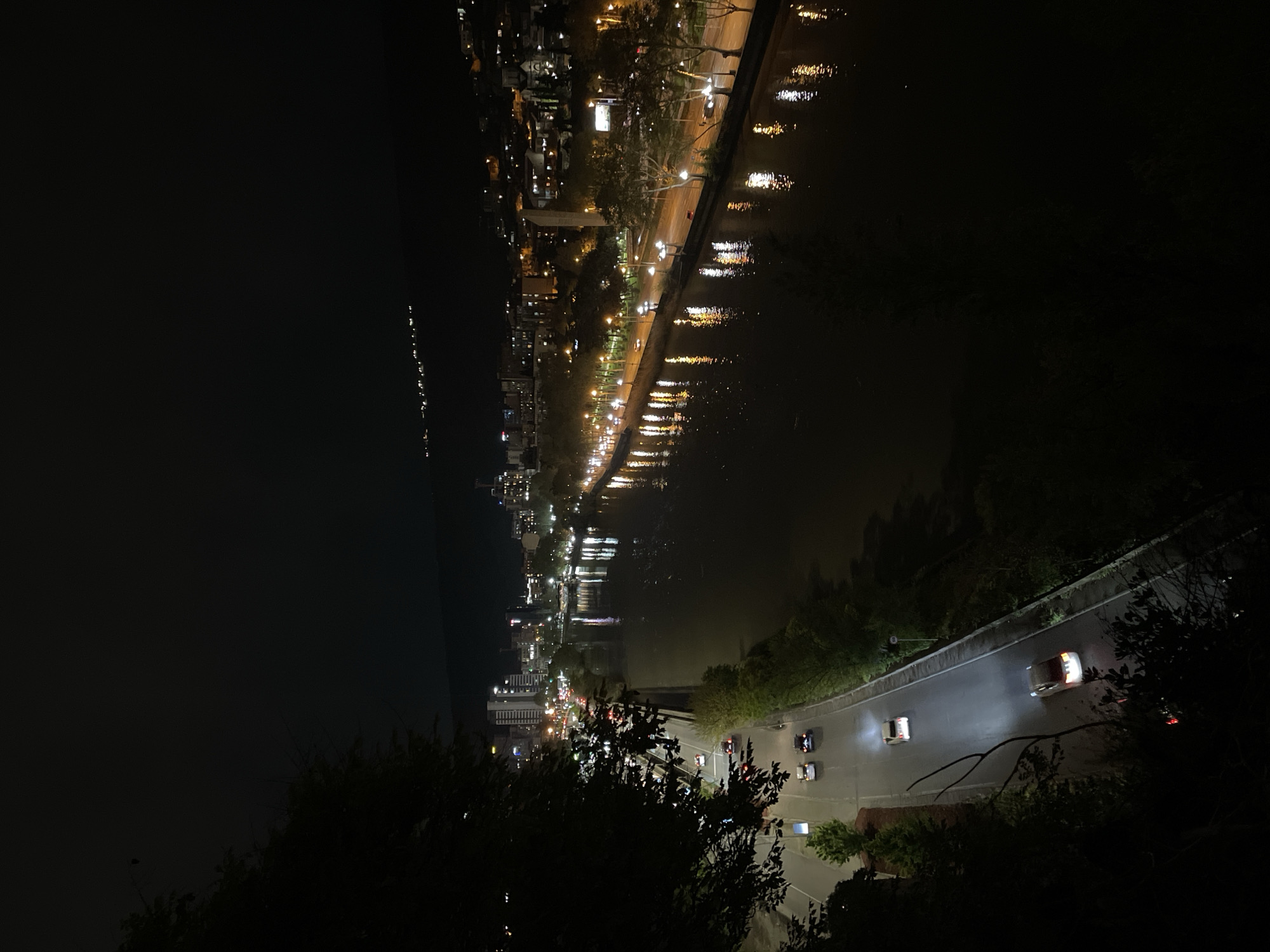 This nighttime photograph presents an elevated view of an urban landscape along a river in Tbilisi, Georgia. The scene is illuminated by artificial light sources, creating a stark contrast with the dark night sky.
In the foreground, a wide, winding road is visible, bordered by dark trees and foliage. The road is brightly lit by streetlights, and several cars are driving, their headlights and taillights casting streaks of light. One light-colored sedan is prominently lit by its own headlights, reflecting off the road surface.
The midground features a wide river or waterway that mirrors the city lights from the opposite bank. Numerous reflections of streetlights and building lights shimmer on the calm water, creating golden and white streaks.
Across the river, a vibrant cityscape unfolds. A promenade or road runs along the riverbank, lined with numerous streetlights that contribute to the reflections on the water. Behind this, various buildings, including multi-story structures, are brightly lit, indicating urban activity. The lights of the city extend into the distance, gradually fading into the darkness on the horizon, showing the vastness of the urban area.
The overall atmosphere is one of serene nighttime activity, with the city's energy conveyed through its extensive illumination. The clear night sky and the undisturbed water surface suggest calm weather conditions. No discernible text is visible in the image.