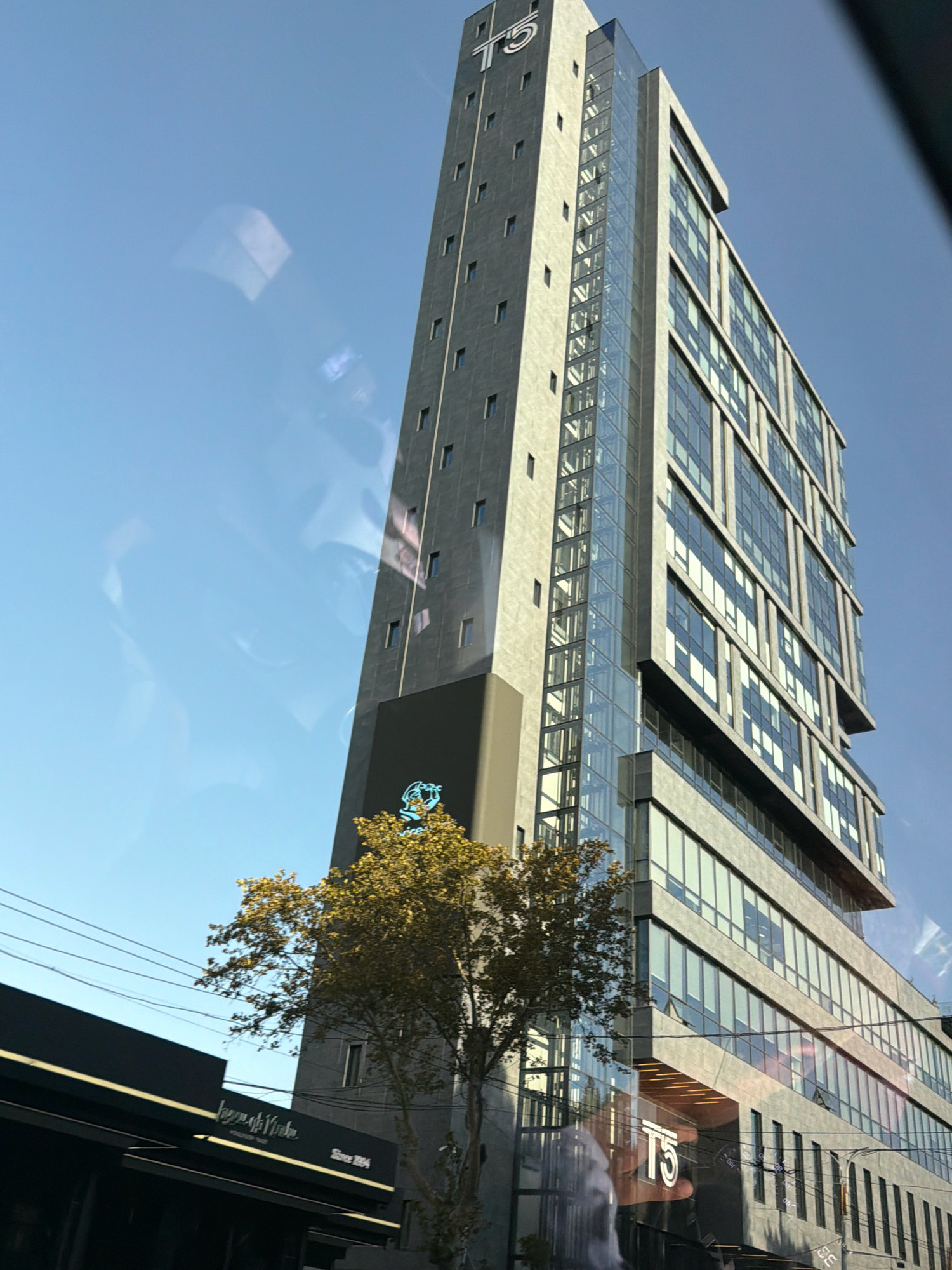 A low-angle, full shot captures a modern, multi-story building in Yerevan, Armenia, against a clear blue sky. The building features a combination of concrete and glass facades. The left side of the building is a tall, narrow concrete tower with a prominent "T5" logo and a blue circular emblem near the bottom. Adjacent to the tower, on the right, is a wider section of the building with numerous floor-to-ceiling windows. A glass-enclosed elevator shaft runs vertically between these two sections, offering a glimpse of the interior. In the foreground, the upper branches of a deciduous tree with sparse, yellow-green foliage are visible, obscuring a portion of the building's lower section. Below the tree and to the left of the building, a black awning with a bright yellow stripe runs horizontally, displaying white text that reads "Since 1994" and "Japon cafe Vinum." The scene is likely viewed from a street level, with a slight reflection visible on the glass in the foreground.