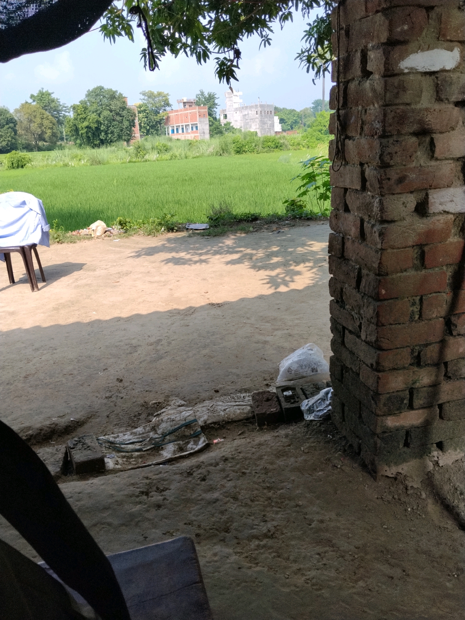 The image captures an outdoor scene, likely in the city of Mau, India, with a focus on a rural or semi-rural environment. In the foreground, a brick pillar occupies the right side of the frame, showing signs of age and weathering. Adjacent to the pillar, on the ground, are scattered building materials, including bricks and plastic sheeting. A white plastic bag is also visible.
To the left of the foreground, a dirt area is present, with shadows cast by overhead foliage. A dark-colored chair or bench is partially visible at the bottom left. A white sheet is draped over a dark-colored chair in the mid-left of the image. Behind this, a vibrant green field stretches into the background, suggesting agricultural land, possibly rice paddies.
In the distance, several buildings are visible. One is a multi-story building with a red brick facade and blue-trimmed windows. Another appears to be a lighter-colored, taller structure. The sky is clear and blue, indicating fair weather. The overall impression is one of a quiet, sunlit day in a developing area.