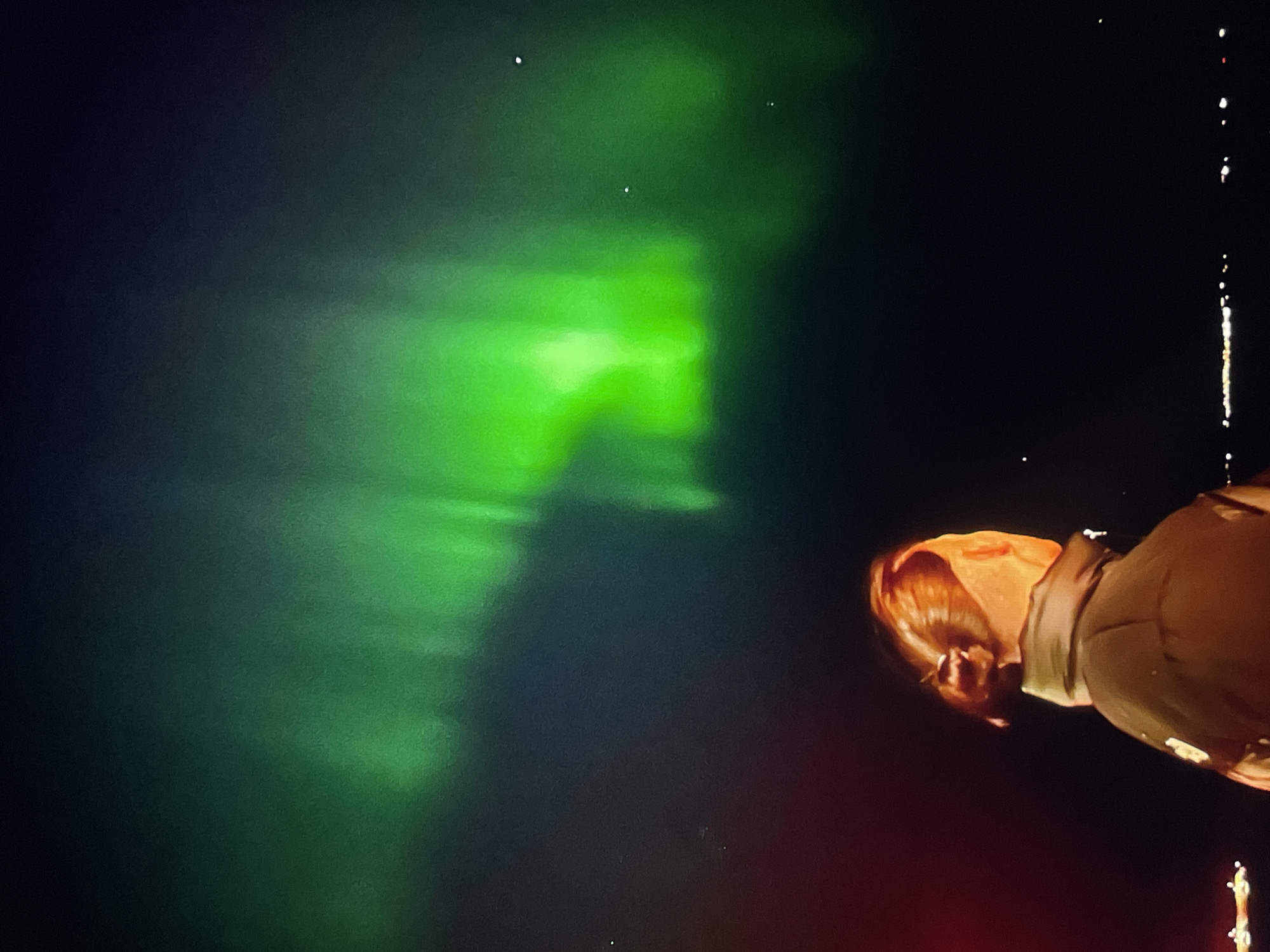 The image depicts a person standing in front of the Aurora Borealis, also known as the Northern Lights. The aurora appears as a vibrant green display in the sky, contrasting with the dark night. The person is positioned to the right of the frame and is observing the aurora. The location appears to be a dark area, perhaps in the outskirts or rural area of Unknown, Unknown. The overall scene suggests an attempt to capture the natural phenomenon.