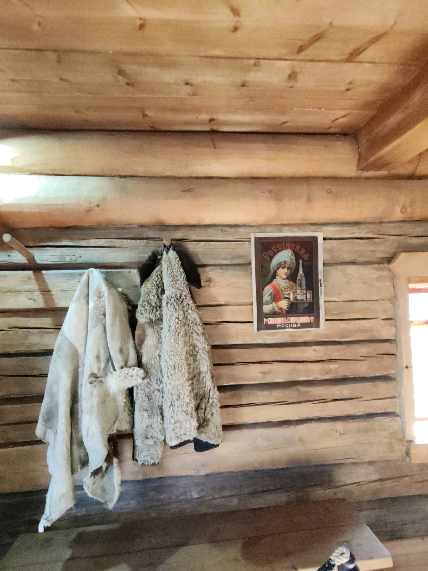 The image shows an interior view of a wooden structure in the Museum of Wooden Architecture in Taltsy, Russia. The walls and ceiling are constructed from horizontally laid logs. Two fur coats are hanging on a wooden peg on the wall. To the right of the coats, a framed vintage poster depicting a woman in traditional attire holding a tray with a bottle and glasses is displayed. The poster appears to be an advertisement for Russian vodka. The floor is also made of wood. A window with natural light streaming through is visible on the right side of the image.