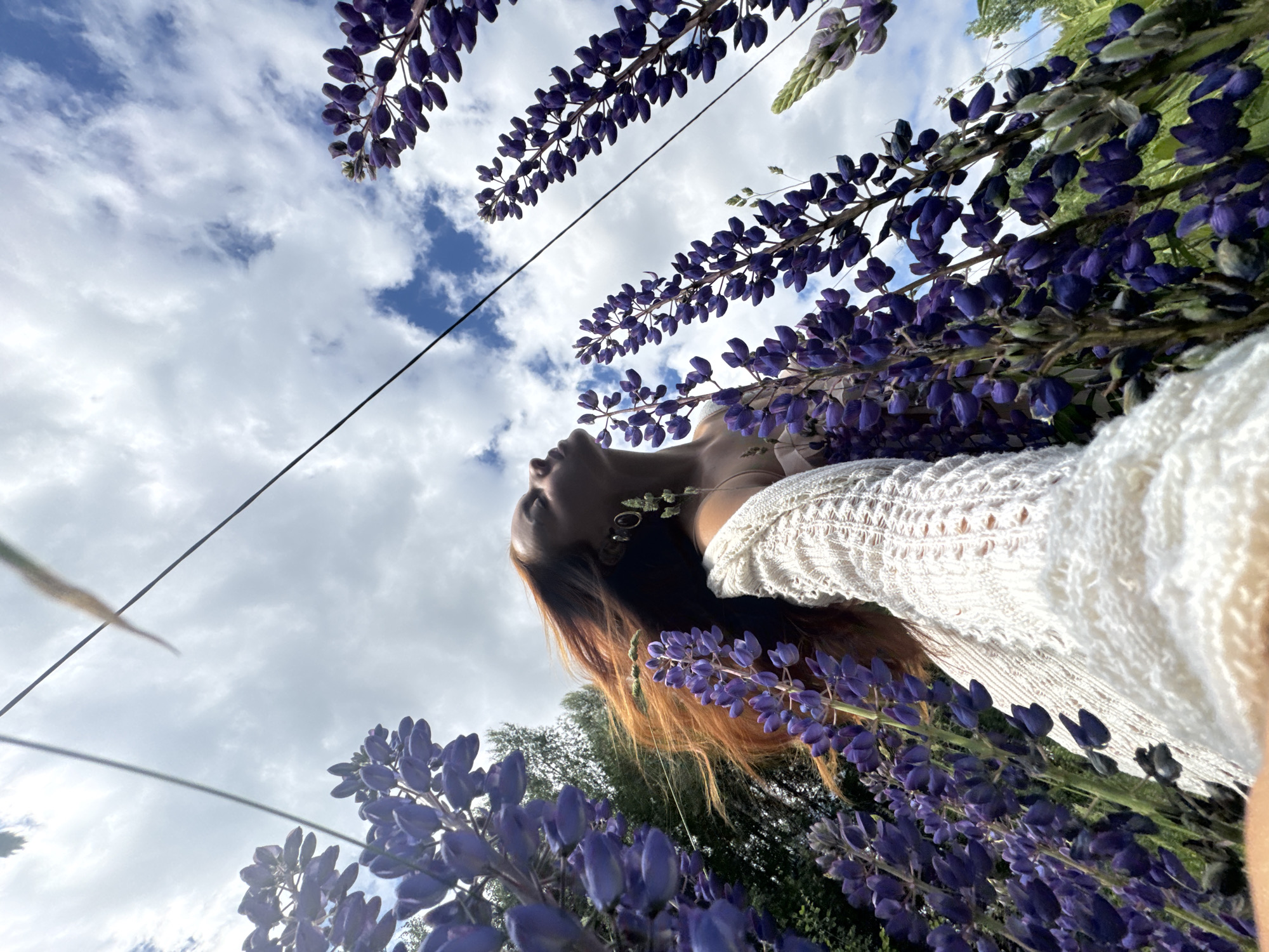 An eye-level, medium outdoor shot features a young woman with auburn hair, seen from the chest up, surrounded by a field of purple lupine flowers under a cloudy sky. She is looking upwards with her eyes closed, her head tilted back and her mouth slightly open. She is wearing a white, knitted cardigan over a light-colored top and large, dark hoop earrings. The background consists of the sky with scattered clouds, and on the right side of the frame, two dark, thin wires run diagonally across the sky, possibly telephone or power lines, suggesting an urban fringe or park area within the city of Chaikovsky, Russia. The lupine flowers, in various stages of bloom, frame the woman, creating a sense of immersion in nature. The lighting suggests it is daytime, with diffused sunlight due to the clouds.