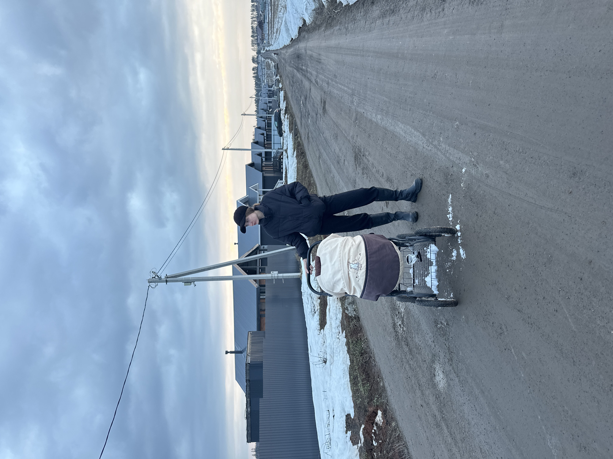 A medium shot depicts a person walking along a road in Sepych, Russia. The person, dressed in black clothing and a black cap, is pushing a baby stroller. The road is flanked by houses, and patches of snow are visible alongside it. Overhead, power lines stretch across the sky, partially obscured by a cloudy sky. The long road recedes into the distance.