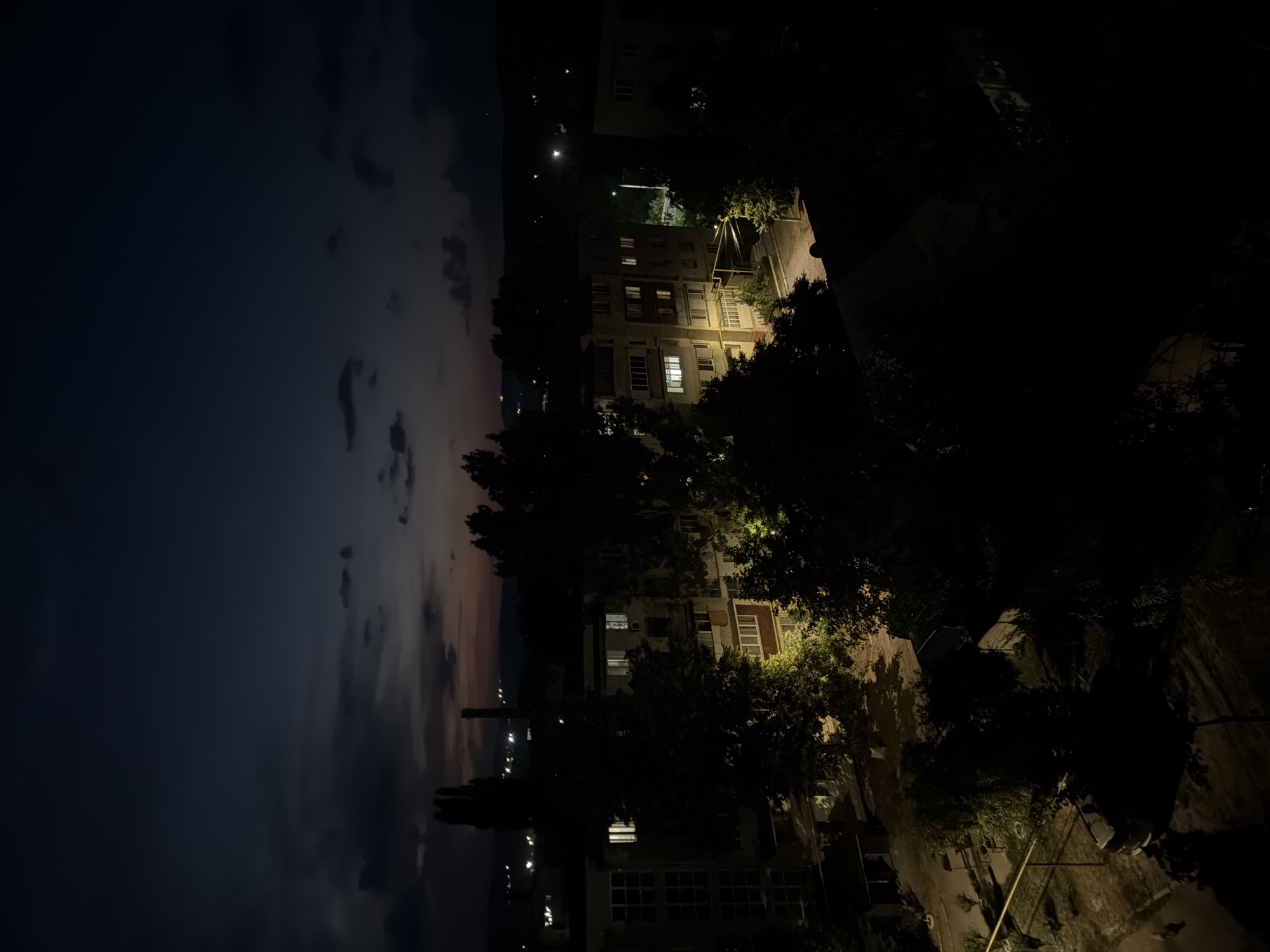 The image shows a residential area in Strășeni, Moldova, at dusk. The sky is dark blue with some clouds, and the lights of distant buildings are visible on the horizon. In the foreground, there are several apartment buildings, some of which have lights on in the windows. Trees and other foliage obscure parts of the buildings and the ground below. The scene appears to be quiet and still.