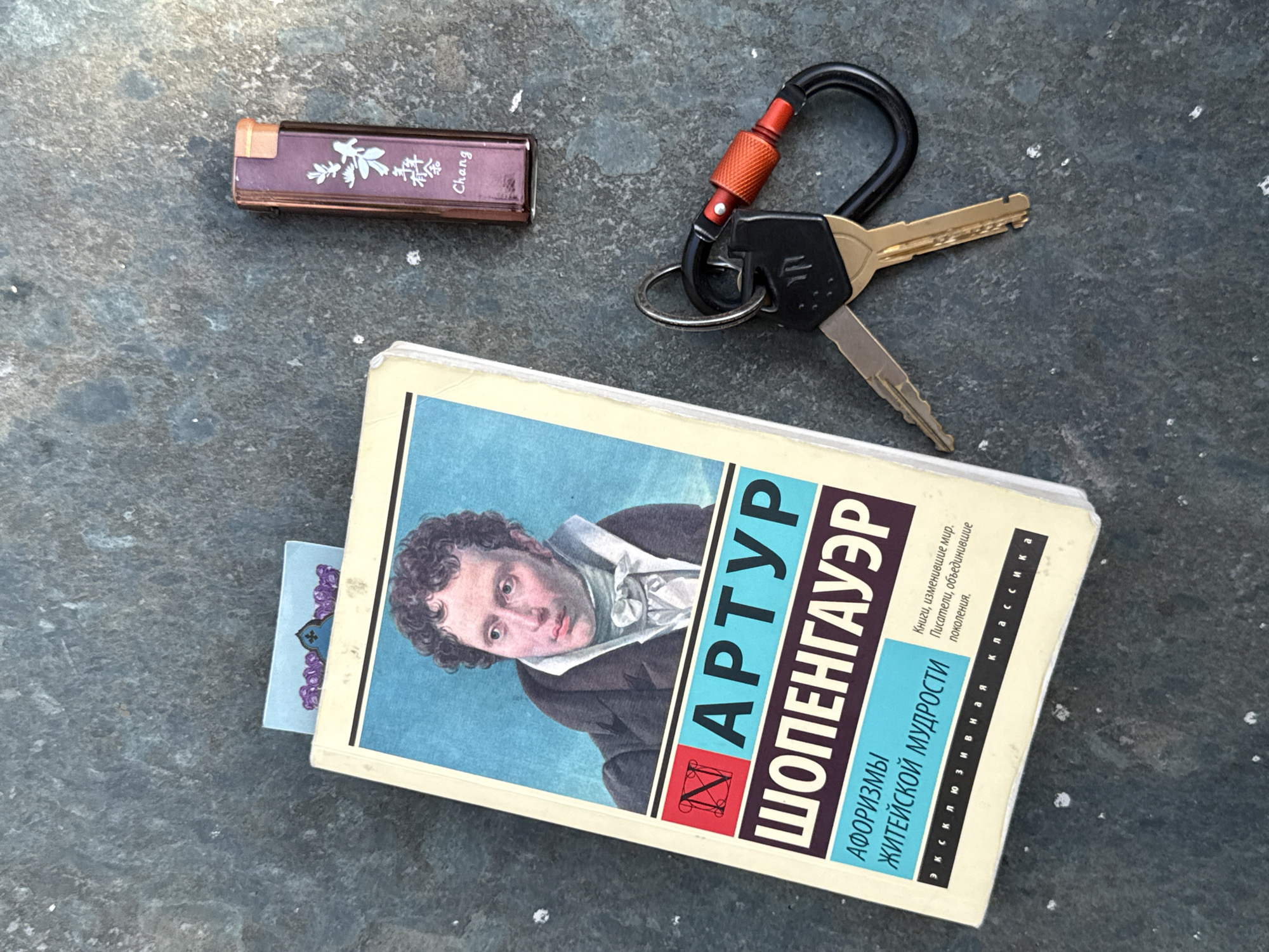 The image shows a book, a lighter, and keys on a grey surface. The book has a cover featuring a portrait of a man and Russian text. The lighter is brown with white text. The keys are attached to a black and red carabiner. There is a bookmark sticking out from the book. The setting appears to be an outdoor location. The description does not include any mention of the city of Hanoi or Vietnam.
