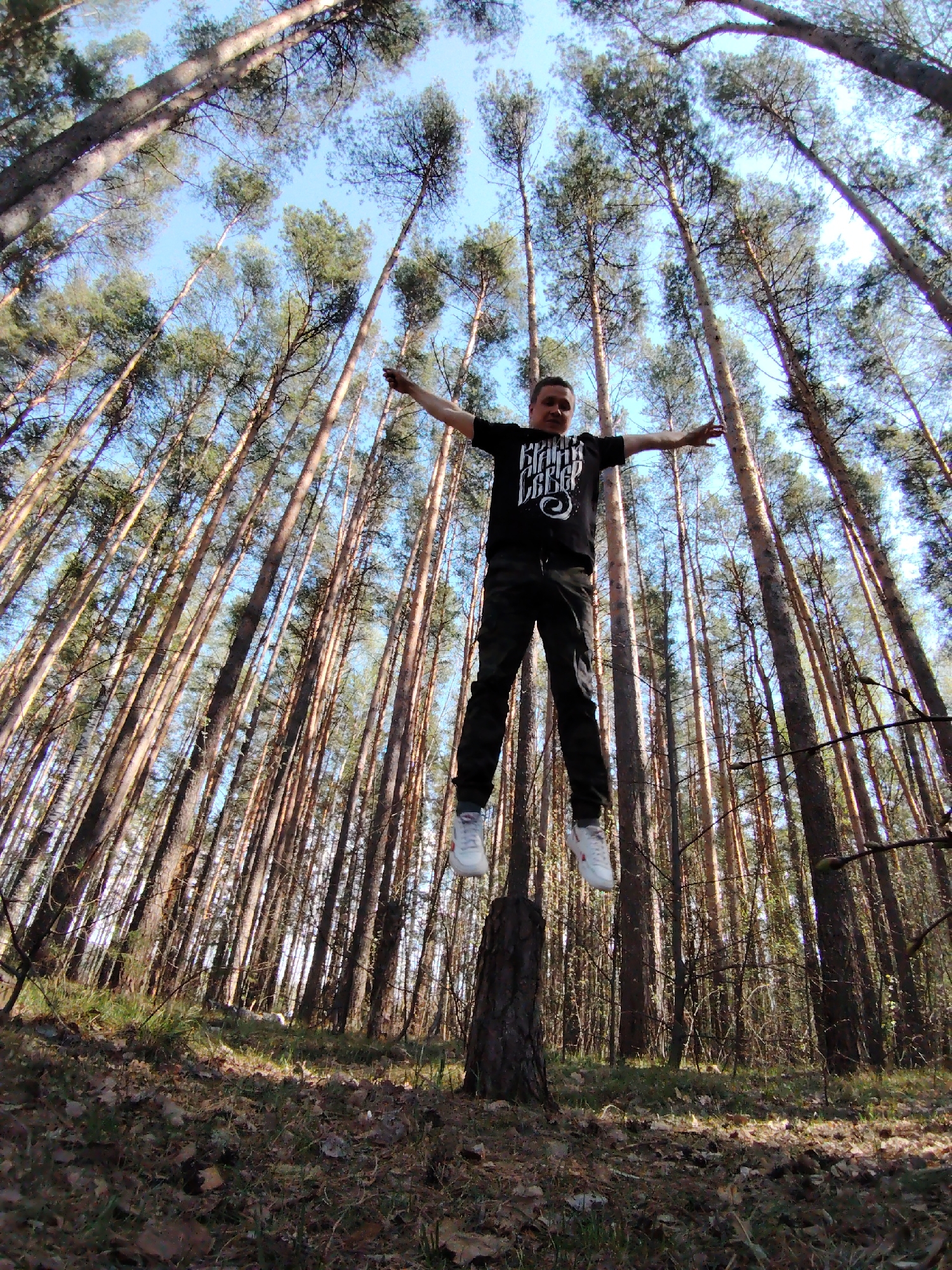 A full shot captures a man standing atop a tree stump in a forest. The camera angle is low, tilted upwards, emphasizing the height of the surrounding pine trees. The man is wearing a black t-shirt with a white graphic, dark patterned pants, and white sneakers. His arms are outstretched to the sides, forming a "T" shape. The ground is covered with fallen leaves and sparse vegetation. The sky is visible through the trees, appearing blue with a slight haze. The scene is located in a forest, potentially in the vicinity of Chaikovsky, Russia.