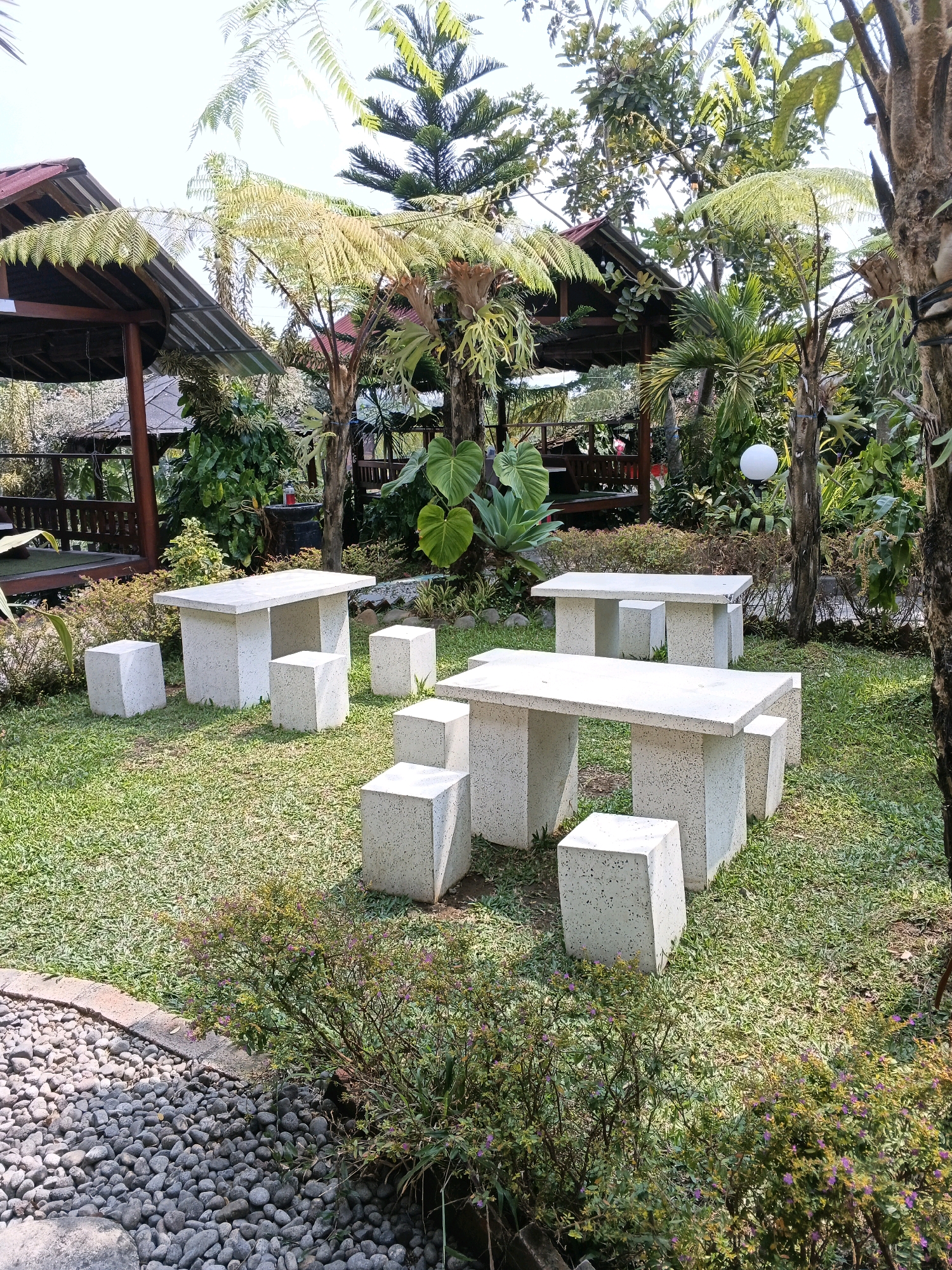 In Ngargoyoso, Indonesia, a sun-drenched outdoor seating area is depicted, featuring several concrete picnic tables and block-shaped stools scattered across a well-manicured lawn. Lush green ferns and trees frame the scene, with hints of traditional Indonesian architecture in the background, visible as covered seating pavilions with red-tiled roofs. A white globe lamp hangs from a tree, suggesting evening illumination. The foreground is bordered by a pathway of smooth, grey river stones and a bed of small, flowering bushes. The environment appears tranquil and inviting, suitable for outdoor dining or relaxation.