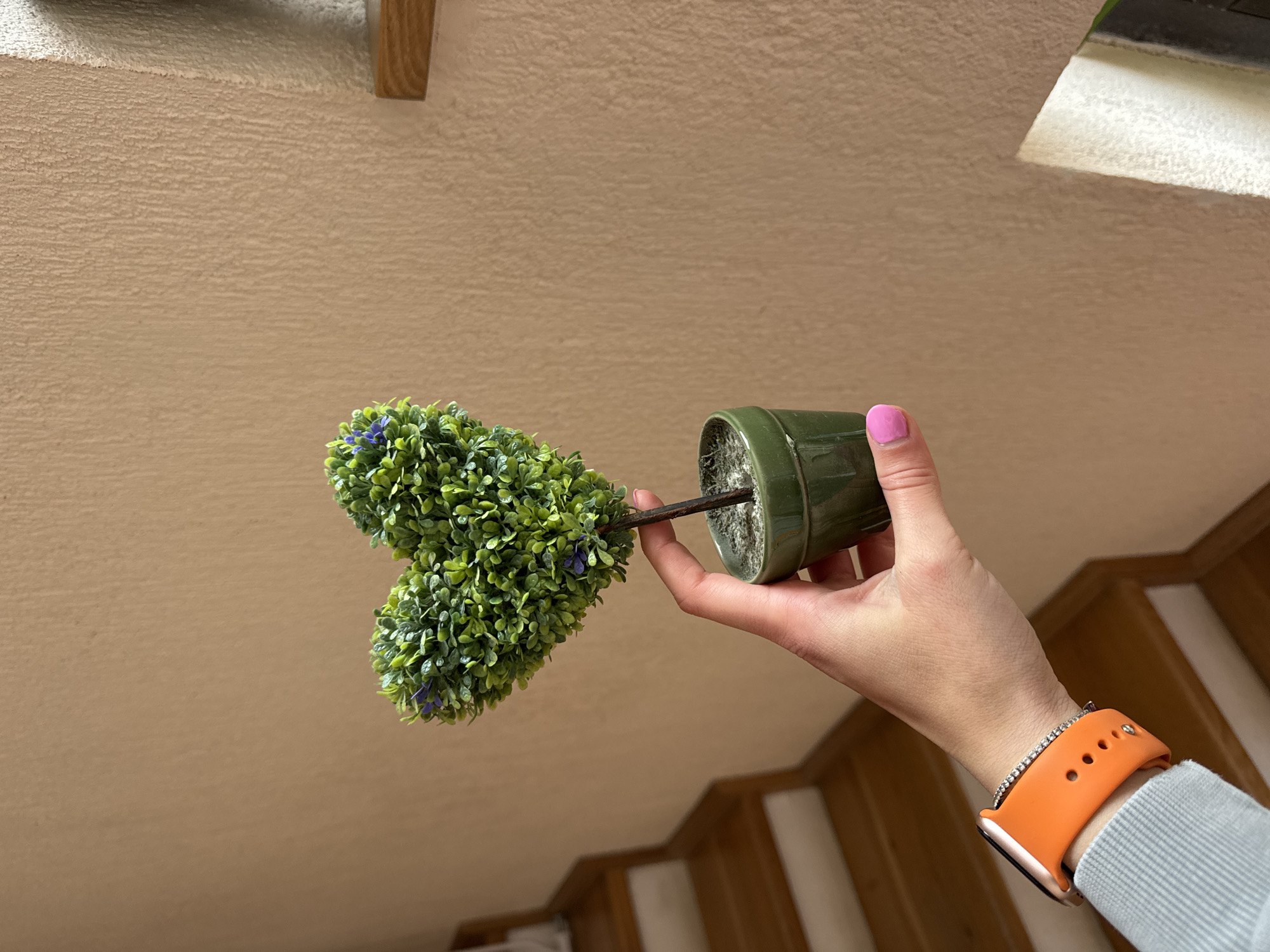 A hand with pink nail polish holds a small green potted plant with green foliage and small purple flowers. The plant is held upside down, with the pot facing the hand and the foliage pointing away. The hand wears a gray sleeve and an orange Apple Watch band. The background consists of textured beige walls and parts of a wooden staircase. The location cannot be determined from the image.