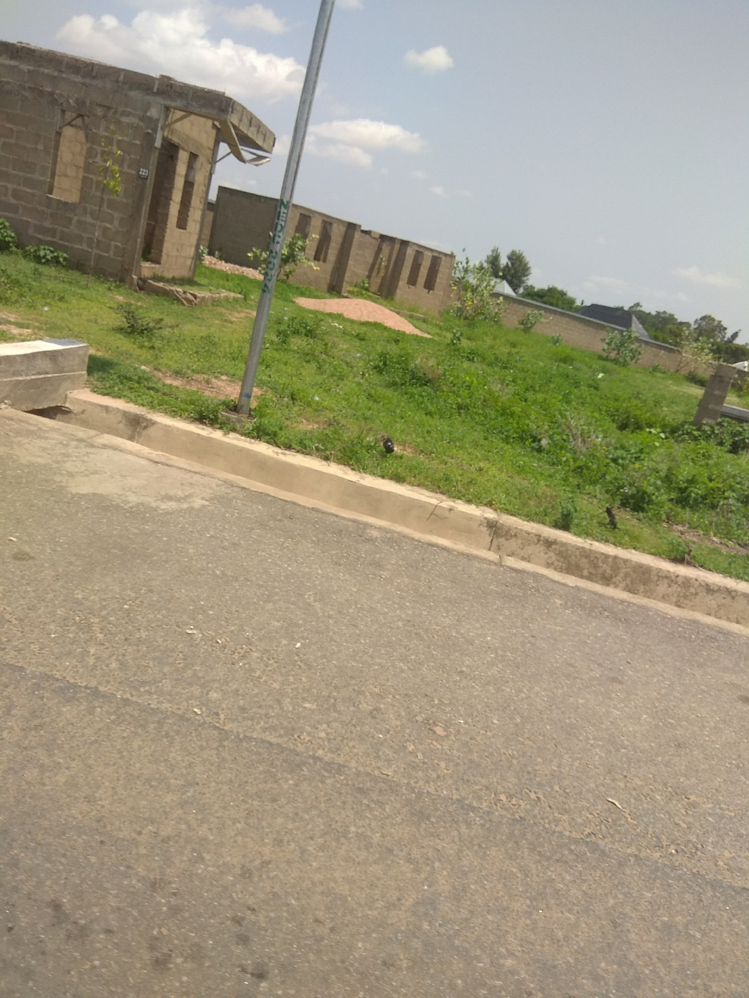 The image depicts an outdoor scene in Jalingo, Nigeria, under a bright, partly cloudy sky, suggesting it is daytime. The foreground features an asphalt road with a concrete curb and drainage channel running along its edge. Beyond the curb is a grassy area with several unfinished brick buildings in various stages of construction. These structures appear to be houses, with exposed brickwork and open doorways and window frames.
To the left, one building has a sign with the number "223" visible. A light pole stands near the buildings, adding to the utilitarian feel of the construction site. The vegetation is predominantly green grass, with some scattered bushes and small trees. The overall impression is one of ongoing development in a semi-urban or suburban area. There are no people visible in the image, and the scene appears quiet and still. The sunlight suggests a warm climate, typical of Nigeria. The focus is on the architectural remnants and the surrounding natural elements, hinting at a potential residential project.