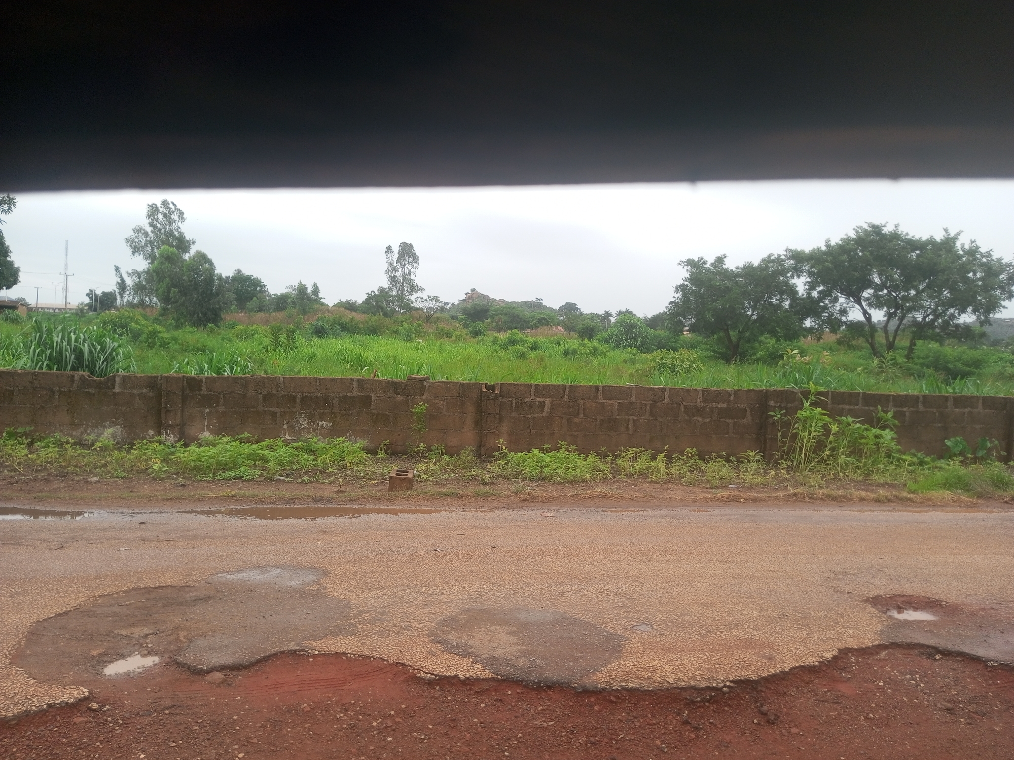 The image depicts an outdoor scene featuring a dirt road in the foreground, characterized by several large puddles and damaged sections of asphalt. Beyond the road, a low brick wall runs horizontally across the frame, separating it from a lush green field. The field is densely populated with tall grass and various plants, interspersed with a few trees in the midground and background. The sky is overcast, suggesting a cloudy day. In the far background, a rocky outcrop is visible, hinting at a slightly elevated terrain. The overall environment appears to be rural or semi-rural. There are no people or animals visible in the image. The location is specified as New Stadium, Nigeria.