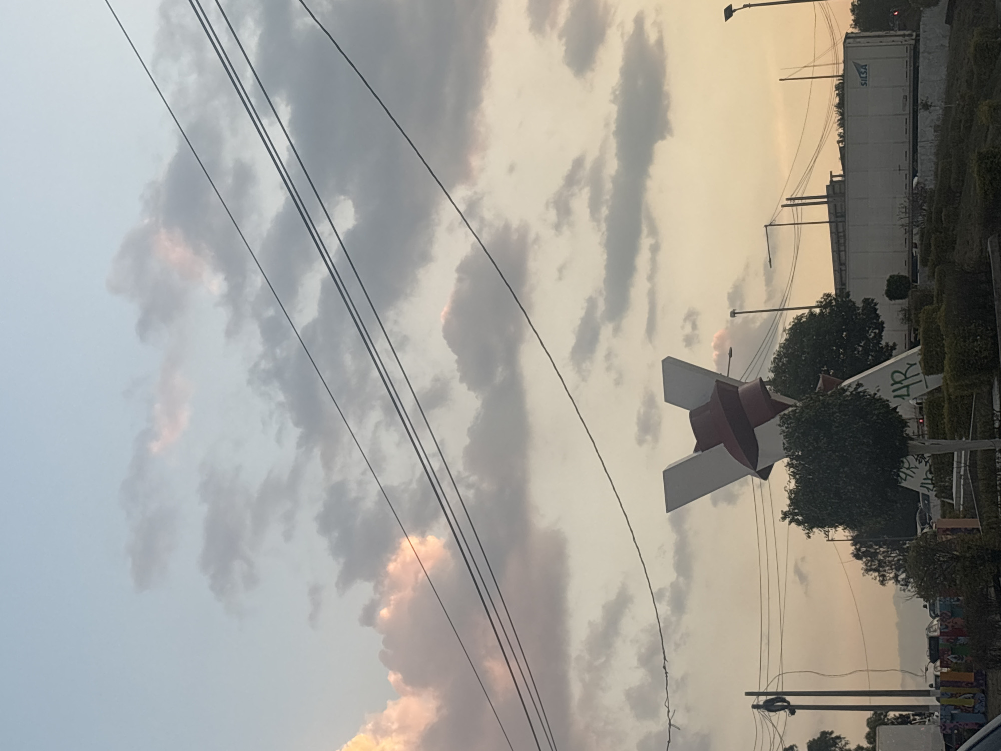 The image depicts an outdoor scene in Buenavista, Mexico, taken during a time with dramatic cloud formations and an orange tinted sky. Prominent power lines stretch diagonally across the frame. A large, abstract red and white sculpture is visible on the right side of the frame, partially obscured by trees. Behind the trees, a white container with the word "SASA" can be seen. Trees and other vegetation line the edge of what appears to be a road. A street lamp is visible in the background.