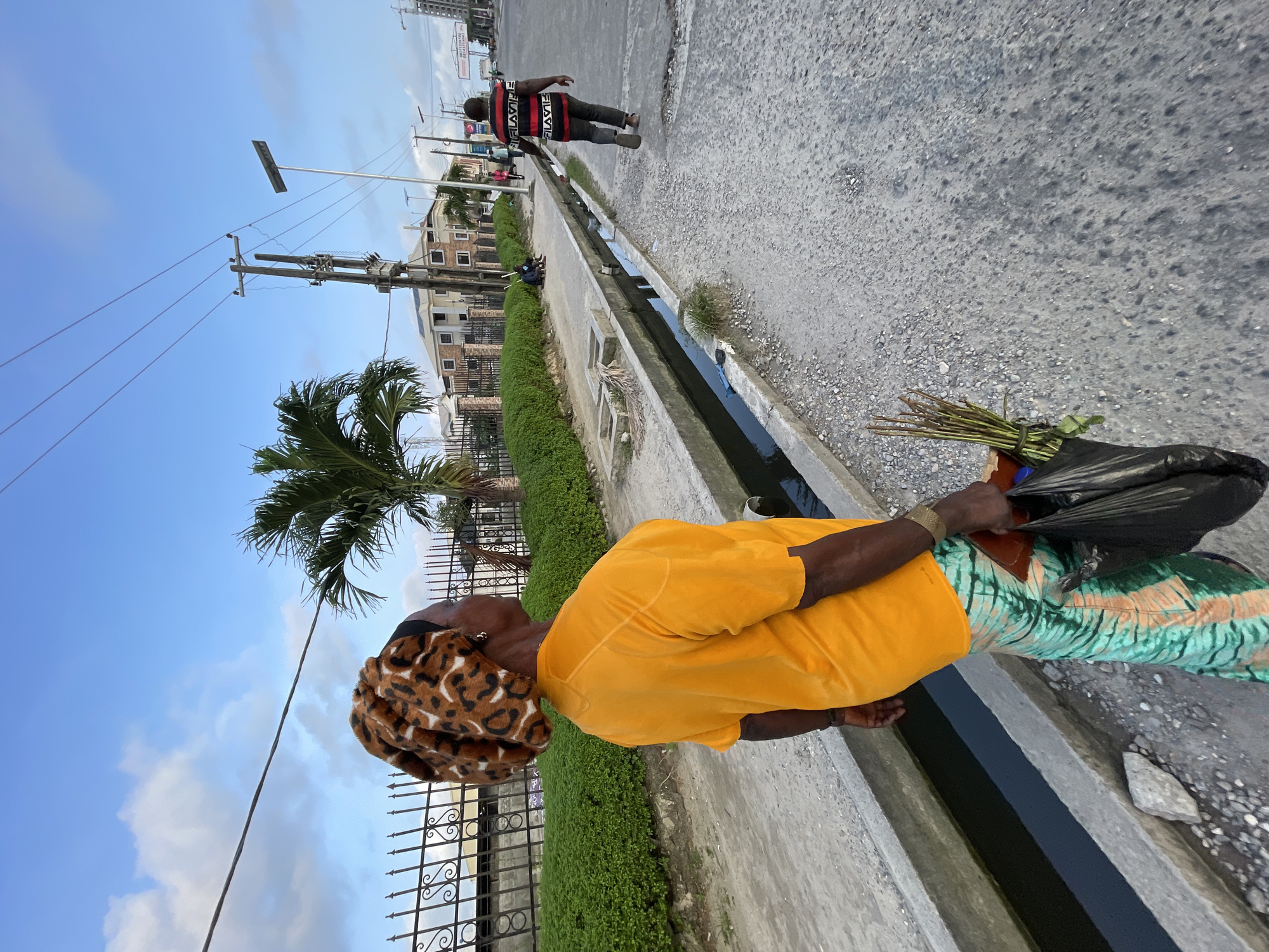 The image depicts a street scene in Ilado, Nigeria. In the foreground, a woman from the shoulders down is shown walking away from the camera. She is wearing an orange t-shirt and a vibrant, patterned skirt. Her head is covered with a leopard-print bonnet, and she is carrying a black plastic bag in her right hand, which contains a bundle of green stems. Her left hand is also visible, adorned with a bracelet.
The woman is walking alongside a concrete drainage channel that runs parallel to a paved road. The road surface is rough, with visible gravel. In the background, a man in a red and black striped shirt and dark pants is walking away from the camera on the right side of the road. Further in the distance, buildings, palm trees, and a lamppost are visible under a cloudy blue sky. A black metal fence and a manicured green hedge line the left side of the street. Electrical poles and wires are prominent in the sky.