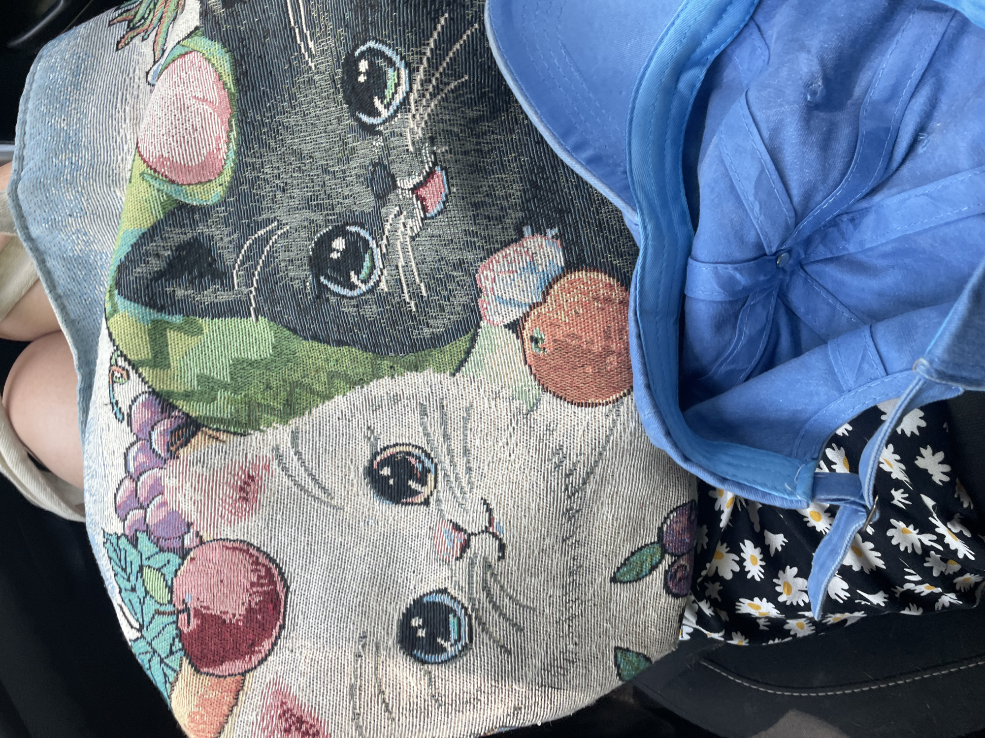 The image depicts a close-up view of a woven tapestry featuring two cartoon cats surrounded by fruit. A blue baseball cap is prominently placed in the foreground, partially obscuring the tapestry. Beneath the tapestry, a black fabric with a white daisy pattern is visible. The scene appears to be indoors, possibly in a vehicle given the dark background and the curve of a car seat. No specific city or location details are discernable.