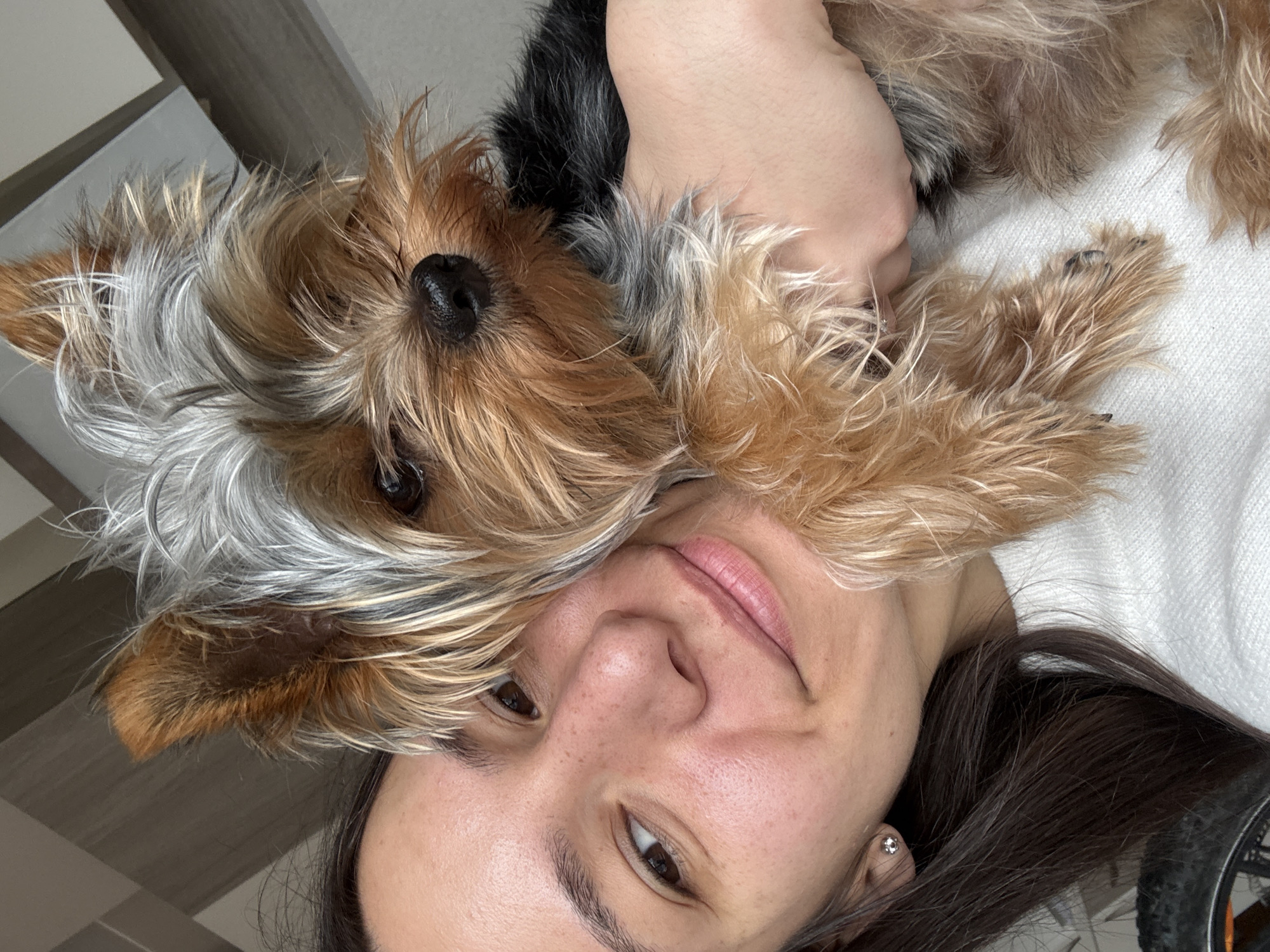 A young woman with long dark hair and fair skin holds a small, fluffy brown and black dog close to her face. The dog has long, shaggy hair, with a mix of brown, black, and gray colors. The woman is smiling softly. The background is blurry, revealing a room with wooden floors and a white sweater. No evidence to suggest a location in Varna, Bulgaria.