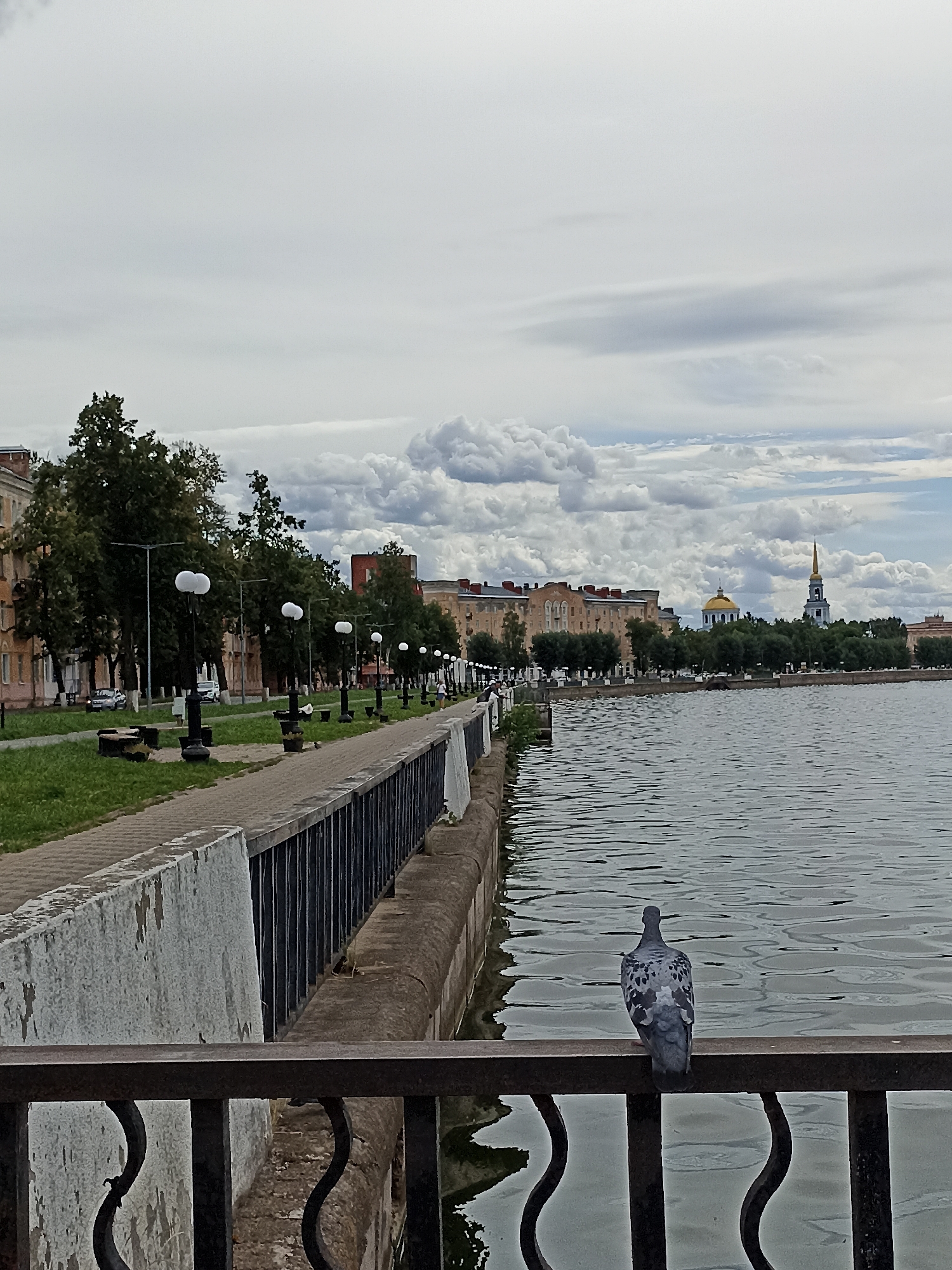 The image depicts a waterfront promenade in the city of Votkinsk, Russia, characterized by a paved walkway, manicured green spaces, and streetlights lining the path. In the foreground, a pigeon is perched on a dark metal railing, facing away from the camera. Beyond the railing, a body of water stretches to the horizon, with gentle ripples on its surface. Across the water, the cityscape is visible, featuring a row of multi-story buildings with light-colored facades and red roofs, interspersed with trees. Dominating the skyline are two prominent religious structures: a building with a golden dome and a tall bell tower topped with a golden spire. The sky is overcast with a mix of dark and light clouds, suggesting a diffused lighting condition. The overall scene conveys a sense of urban tranquility and architectural heritage by the water.