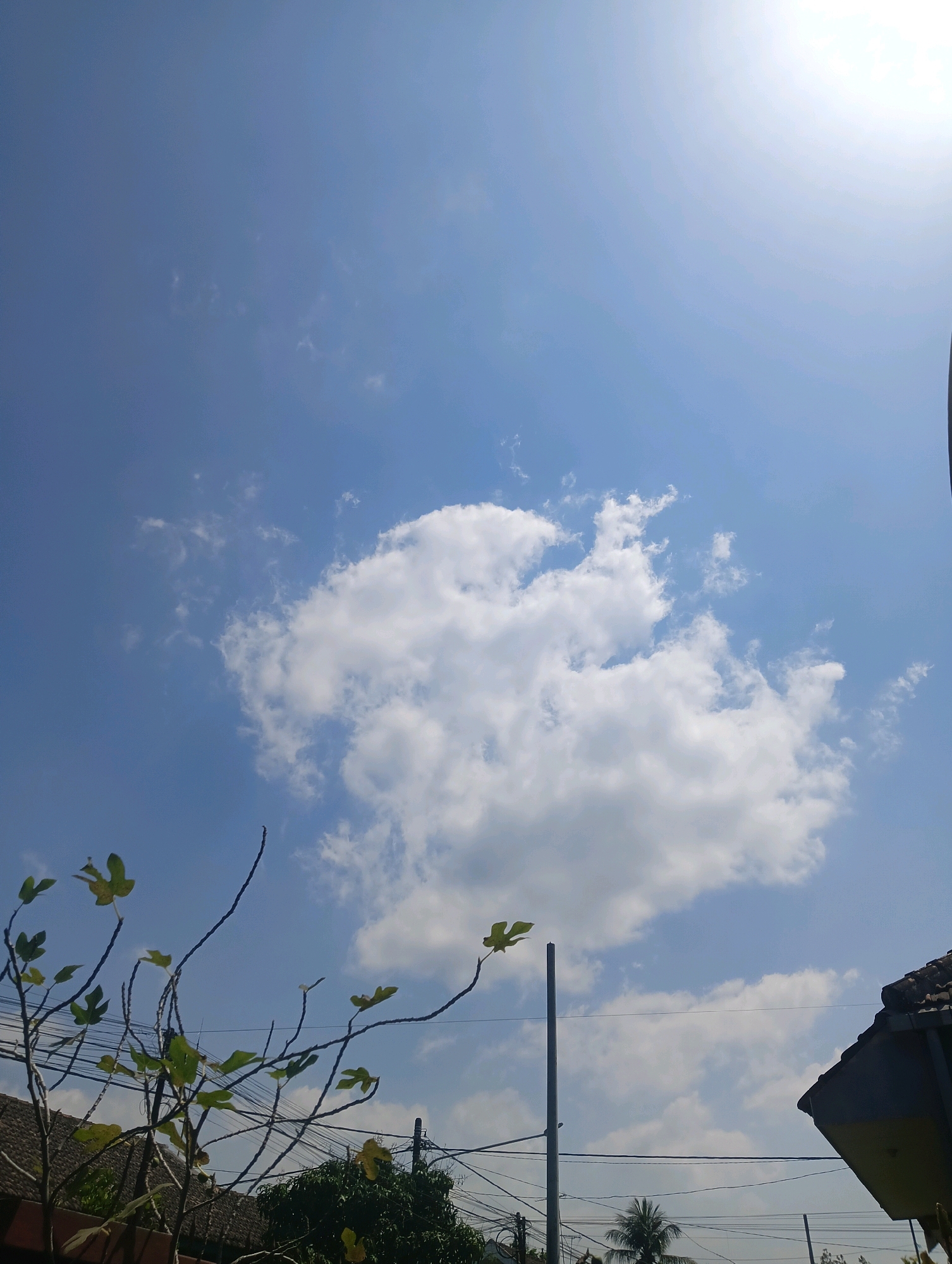 The image shows a clear blue sky with scattered white clouds. In the foreground, there are tree branches with sparse leaves, some of which appear yellowed or dying. A section of a tiled roof is visible on the right side, suggesting a residential area. Electrical wires crisscross the scene. The overall impression is of an outdoor scene on a sunny day. The presence of tiled roofs and electrical wires suggests an urban or suburban setting, consistent with the general characteristics of Kromengan, Indonesia. No people are visible in the image.