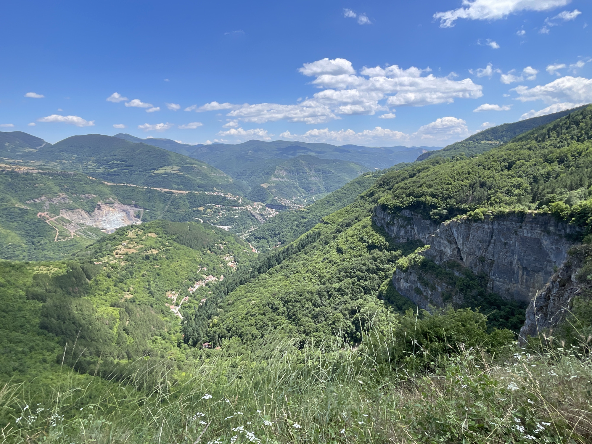 The image depicts a panoramic view of a valley in the vicinity of Zasele, Bulgaria, under a clear blue sky dotted with white clouds. The landscape is dominated by lush green mountains covered in dense vegetation. In the valley below, a small village with red-tiled roofs is nestled amongst the trees. To the left, a large quarry is visible, indicating human activity and resource extraction. The foreground is characterized by tall, dry grass and a few small white wildflowers. A sheer, grey cliff face is prominent on the right side of the image. The overall scene conveys a sense of natural beauty and the coexistence of human settlements and industrial activity within a mountainous environment.