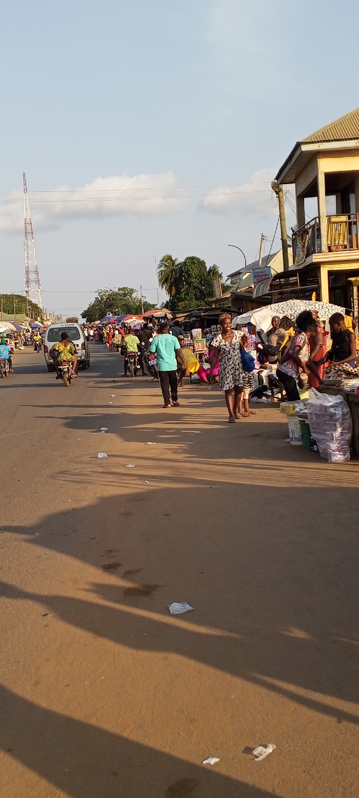 This image depicts a bustling street scene in Dzodze, Ghana, during what appears to be late afternoon or early morning, indicated by long shadows cast across the road. The central element is a wide, unpaved or asphalt road, a light brown color, extending into the distance and receding slightly to the left. Scattered white plastic debris is visible on the road surface.
Numerous individuals are present, engaging in various activities. In the foreground on the right, a woman in a light-colored, patterned dress walks towards the viewer, smiling. Adjacent to her and extending down the right side of the road are multiple market stalls, primarily covered by white awnings or umbrellas, displaying various goods. Buckets and packaged items wrapped in plastic are discernible at one stall.
In the midground, a man in a light blue shirt and dark pants walks away from the viewer, carrying a yellow container or basket. Behind him and further down the road, traffic consists primarily of motorcycles and a white van. One white van, with "Hyundai" faintly visible on its rear, is driving away from the viewer on the left side of the road. Several motorcycles, some with riders and passengers, are moving or stationary within the flow of people and stalls. A person wearing a green patterned dress is a passenger on a motorcycle in the left midground. Many more people are visible in the distance, congregated around market stalls that line both sides of the street.
The environment includes a two-story building with a corrugated metal roof and a balcony on the upper right, marking the edge of the market area. Further down the street, trees and dense green foliage are visible. On the far left, a tall, red and white lattice communication tower stands prominently against the sky. The sky is light blue with scattered white clouds.