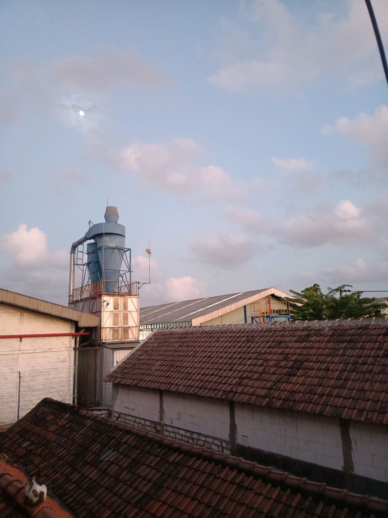 The image depicts an outdoor scene in Ngargosari, Indonesia, likely in an industrial or manufacturing area, during daylight hours with a partially obscured moon in the sky. In the foreground, two terracotta-tiled roofs are visible, with one in the lower left corner showing a white cat. Behind these roofs, a low-rise white building with a red pipe running along its exterior wall is present. Further in the background, a large, blue industrial silo structure stands prominently, supported by a metal frame and connected to a pipe. Adjacent to the silo is another long, white building with a sloped, gray roof. A cluster of green trees is situated behind this building. The sky is a light blue with scattered white and pinkish clouds, and the sun's presence is indicated by the illuminated moon.