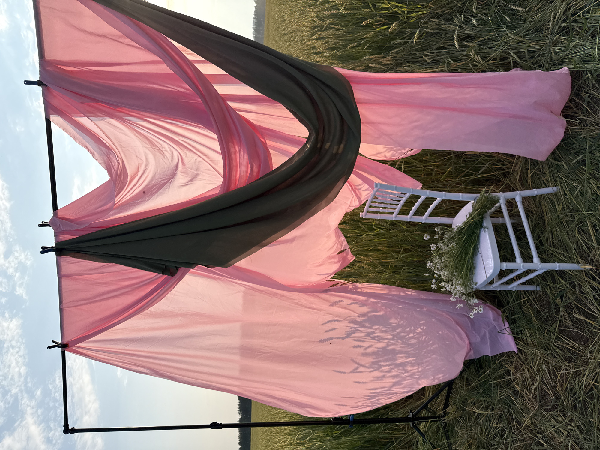 In a field of ripe wheat under a partly cloudy sky, a photographic setup is arranged. A black metal stand supports a draped backdrop composed of sheer pink and olive green fabric. In front of the fabric, a white chair with a floral arrangement on its seat is positioned. The scene is set in Bol'shoi Bukor, Russia.