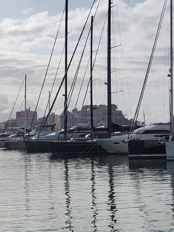 The image depicts a marina scene in Dénia, Spain. In the foreground, the calm, rippled water occupies the lower half of the frame, exhibiting distinct vertical reflections of boat masts and hulls. The midground features a line of approximately eight to ten moored vessels, primarily large sailing yachts with prominent dark masts and complex rigging lines. Some of these sailing yachts have dark hulls (black or deep blue), while others present white hulls. Interspersed are several motor yachts, identifiable by their sleeker profiles. One specific vessel, third from the right, displays the registration "7A-149" on its stern. A dark-clad individual is faintly visible on the deck of a sailing yacht, third from the left.
The background reveals the city's coastline, with multiple multi-story buildings, some featuring light-colored facades and windows, extending horizontally. Behind these urban structures, a prominent, dark, vegetated rocky hill rises, indicative of the natural elevation upon which Dénia Castle is situated. The sky overhead is overcast with white and grey clouds, suggesting diffused natural light.