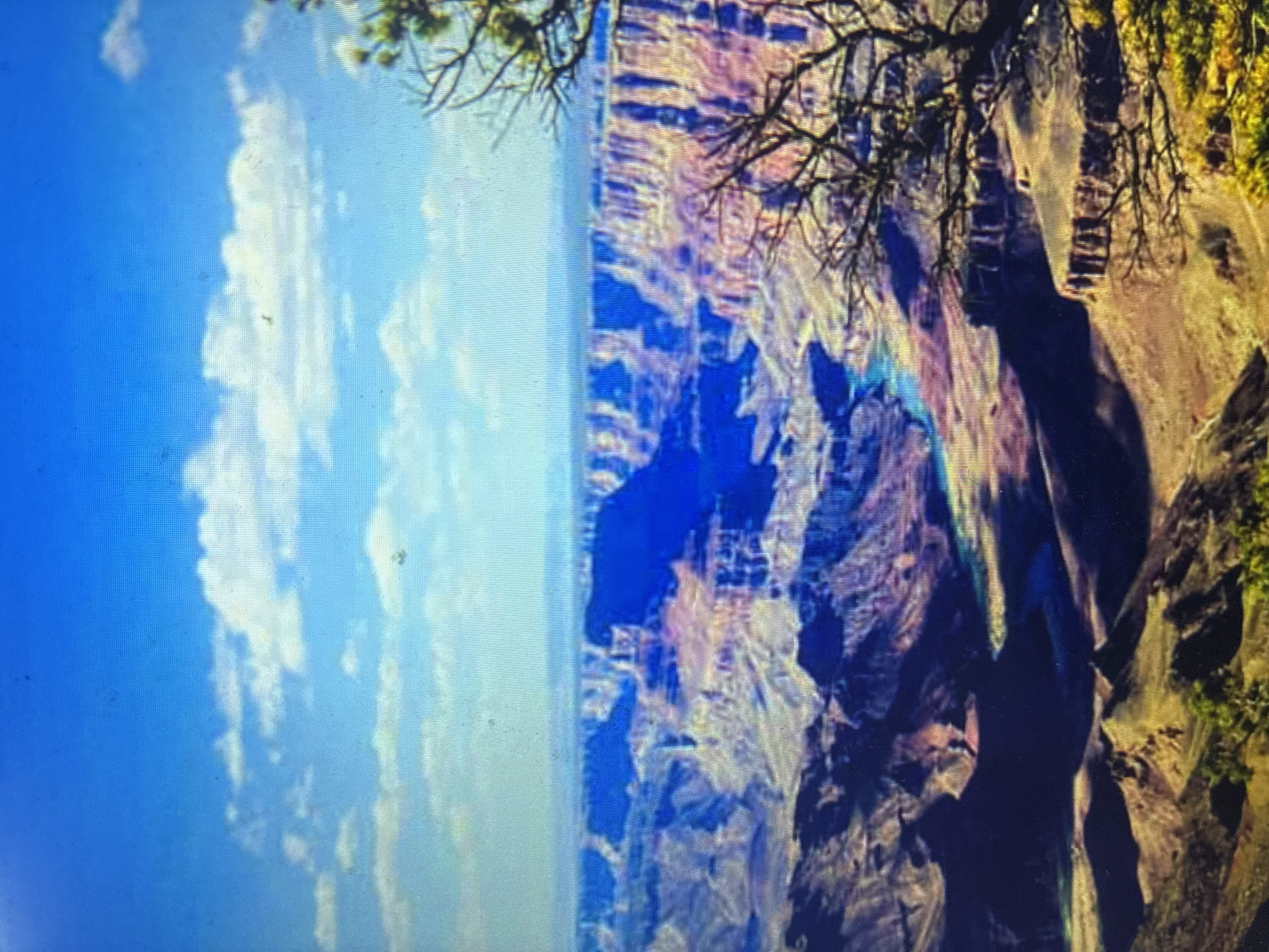 The image, initially rotated 90 degrees counter-clockwise, displays a vast and majestic canyon landscape under a bright blue sky adorned with scattered white clouds. The scene is captured from a high vantage point, characteristic of a canyon rim, offering a panoramic view into the immense depths below.
The canyon walls are formed by intricate geological layers, showcasing a rich tapestry of colors including reds, oranges, browns, and tans in illuminated areas. Deep shadows cast cool blue and purple hues into the canyon's recesses, highlighting its profound scale. Within one of these shadowed sections on the right side, a distinct vertical band of varied hues, encompassing blues, greens, and pinks, is visible. The distant canyon features gradually fade into a lighter, atmospheric haze.
In the upper right portion of the frame, a dark, gnarled tree branch with sparse green foliage extends into view, partially framing the canyon. The clear lighting indicates a sunny daytime, likely late morning or early afternoon, with strong contrast between sunlit areas and deep shadows.
The media file appears to be a photograph of a digital screen, as evidenced by a visible pixel grid and some dust or minor imperfections on the screen's surface, particularly noticeable in the sky. No text is visible within the image.